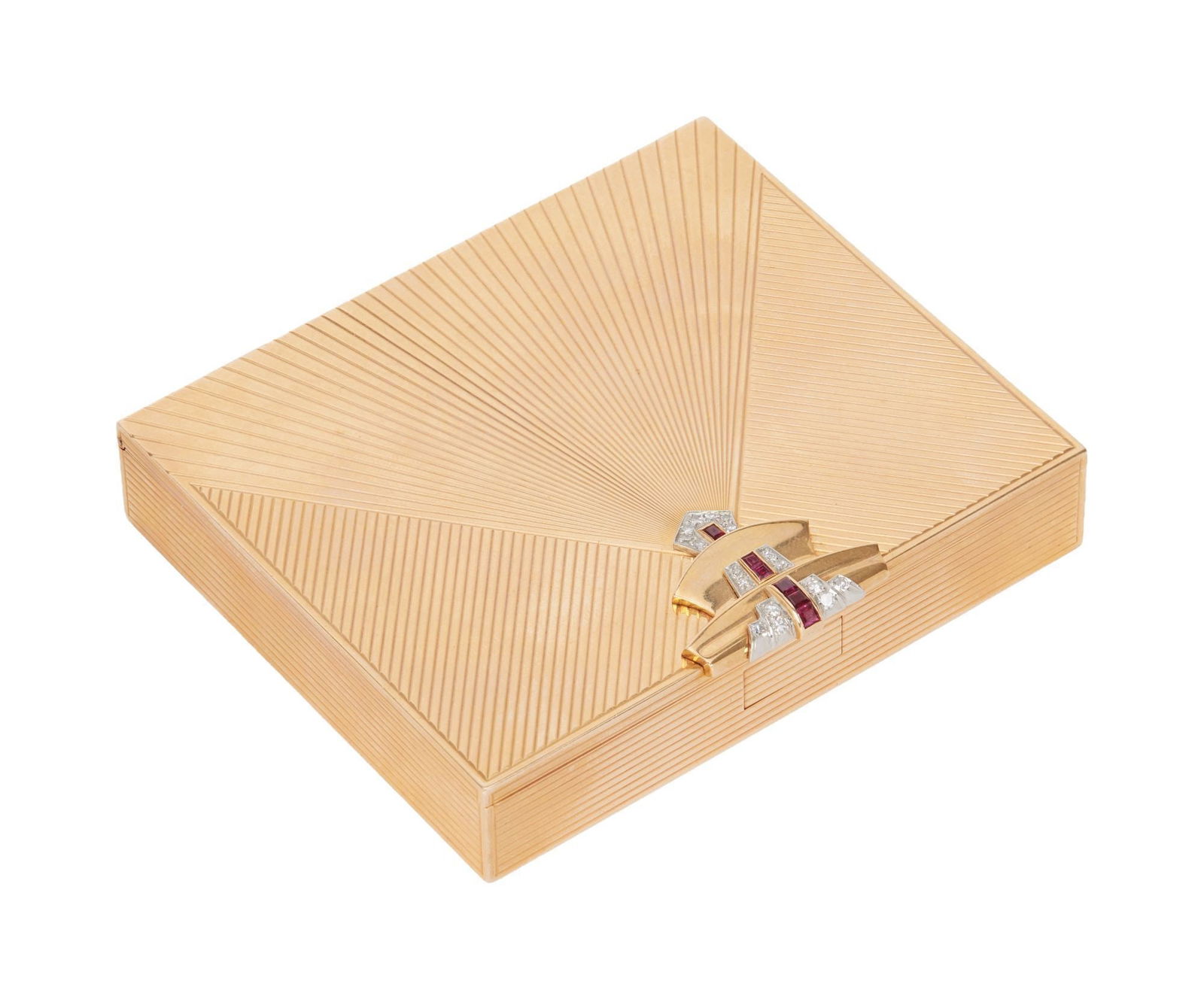 Whoopi Goldberg | Late Art Deco 14k Yellow Gold Synthetic Ruby and Diamond Cigarette Case: The fluted 14k yellow gold square shaped case decorated at the top with polished gold panels, each with a row of square-cut synthetic rubies and single-cut diamond accents, with pushbutton mechanism o