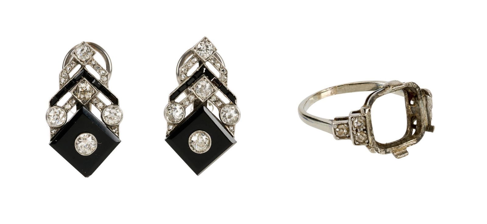 Whoopi Goldberg | Art Deco Jewelry: Comprising an 18k white gold and diamond ring mounting, deficient central stone, 3.3 grams, 7.2 ring size circa 1925 marked 18k; and a pair of onyx and diamond ear clips, each set with a square-shaped