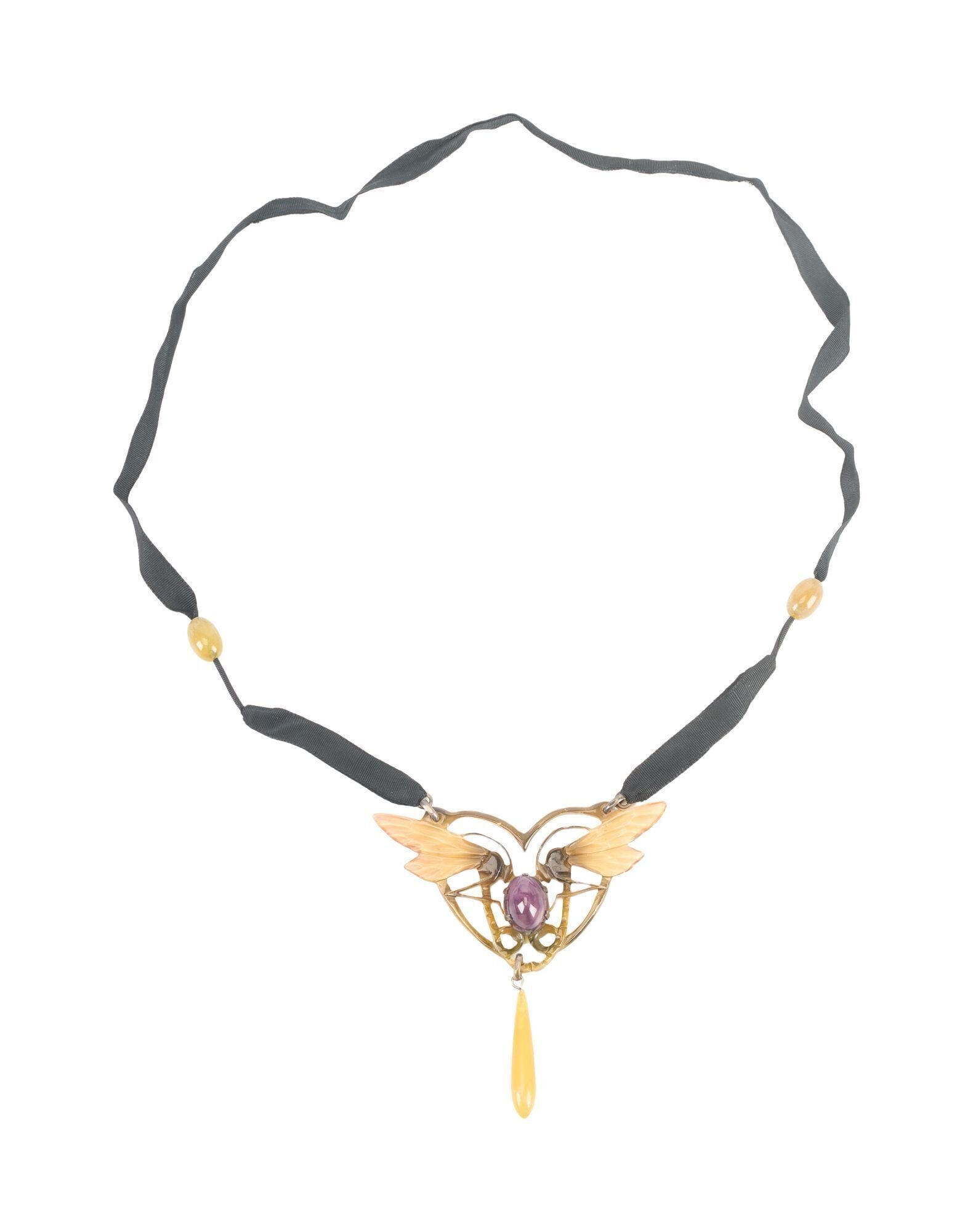 Whoopi Goldberg | Georges Pierre Art Nouveau Necklace: A Georges Pierre Art Nouveau necklace with a double dragonfly pendant in chiseled horn on a grosgrain cord. Signed to the verso. Necklace length: 20.5 inchesPendant: 4.75 x 4 inches From the Collectio