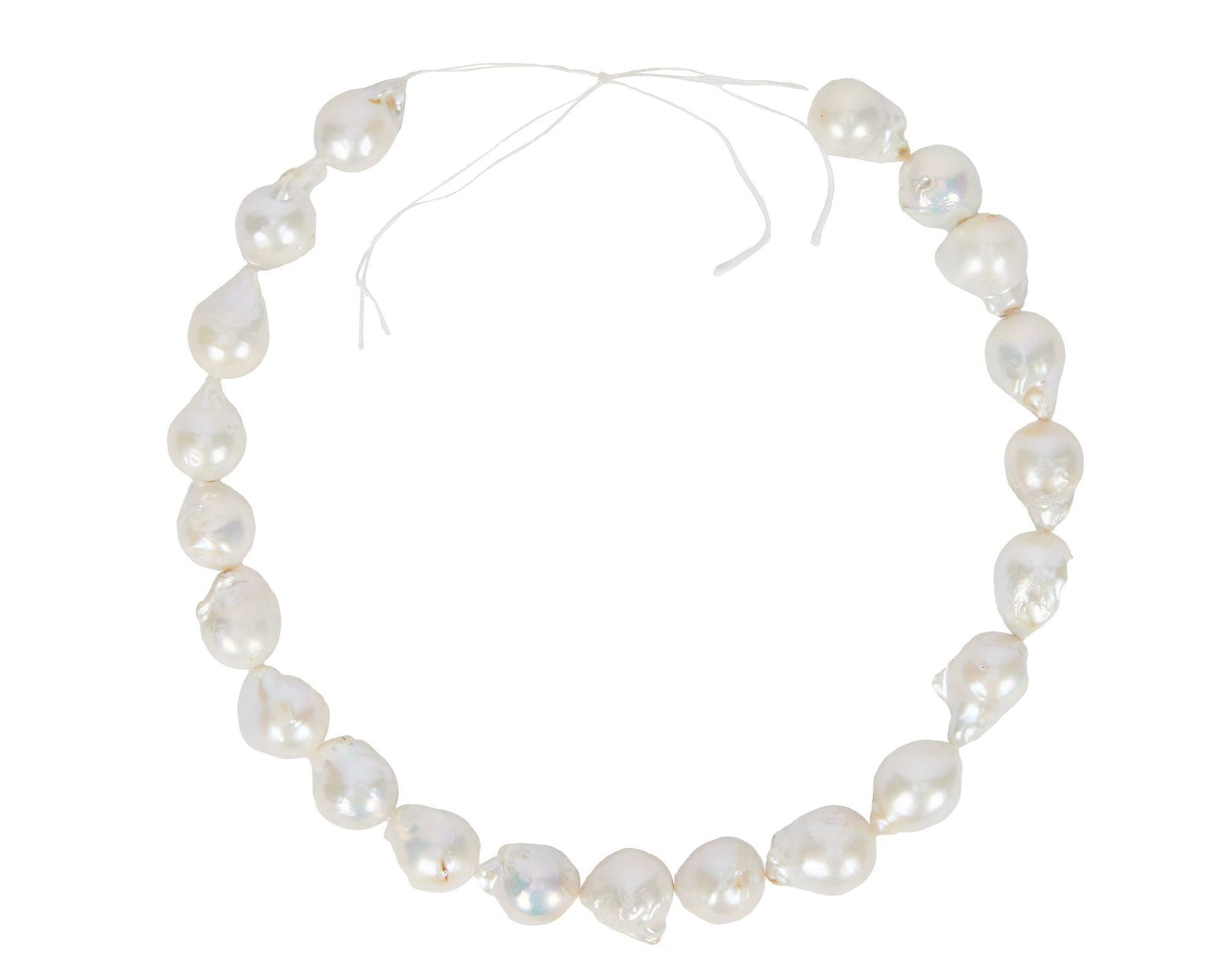 Whoopi Goldberg | White Baroque Cultured Pearl Necklace: Composed of a series of twenty-one baroque white cultured pearls measuring 16 to 18 mm, good luster and rose and green overtones, 17 inches long, needs clasp. 131.4 mm. F