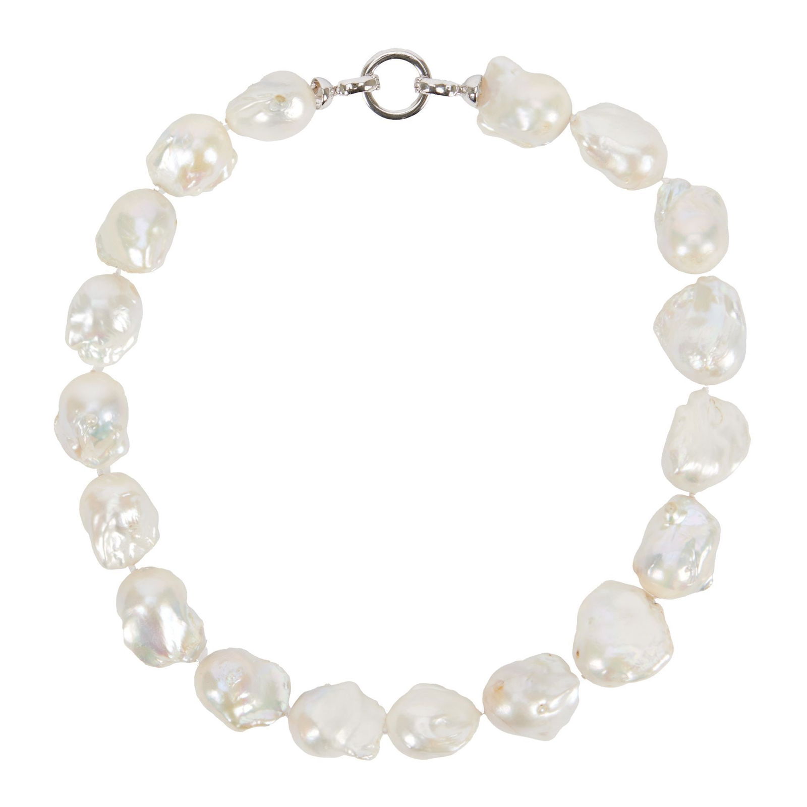 Whoopi Goldberg | White Baroque Cultured Pearl Necklace: Composed of a series of eighteen white baroque cultured pearls measuring 19 mm, 17 3/4 inches long, 130.50 mm.Condition: good luster and rose and green overtones. From the Collecti