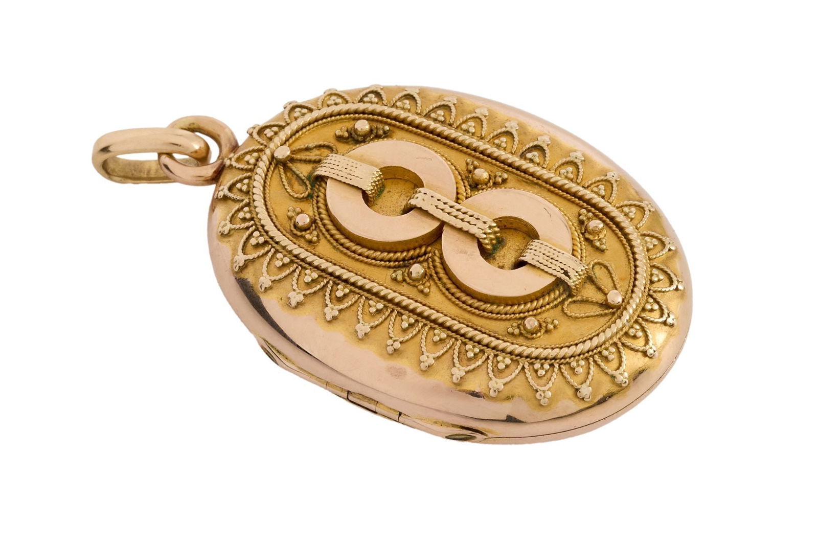 Whoopi Goldberg | Antique Etruscan Revival 18k Rose Gold Pendant Locket: Of oval outline, the 18k rose gold locket with applied gold wirework detail to the front, 12.3 grams, 1 5/8 x 1 inch.Unmarked.Condition: kee tested 18k, was unable to open. From the Collection of