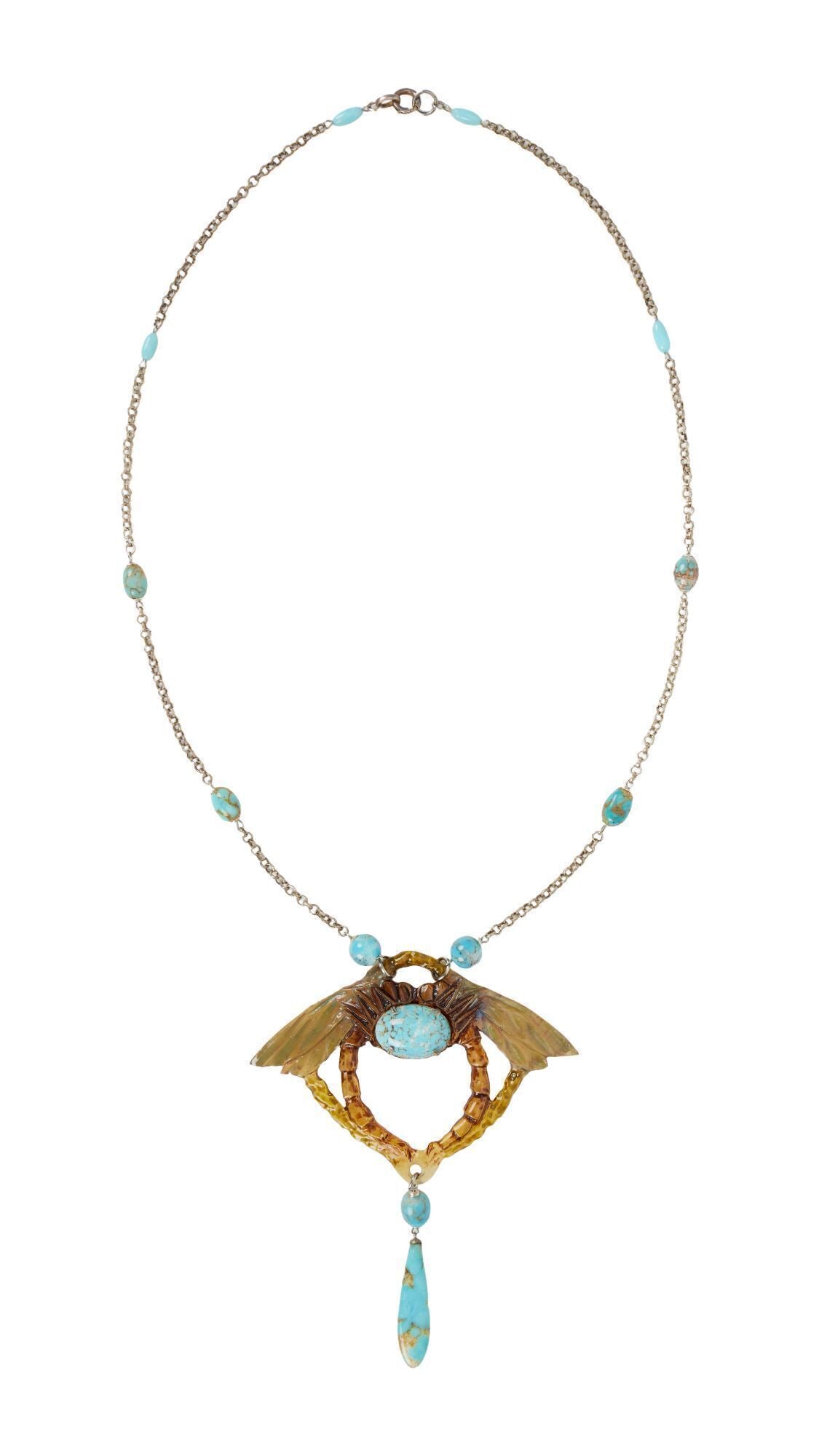 Whoopi Goldberg | Art Nouveau Carved Wasp Pendant Necklace In the Style of Elisabeth Bonte: The large carved horn sculptural pendant depicting twin wasps centering on a cabochon turquoise and suspending a turquoise articulated pendant from a later added silver-tone link necklace, accented by