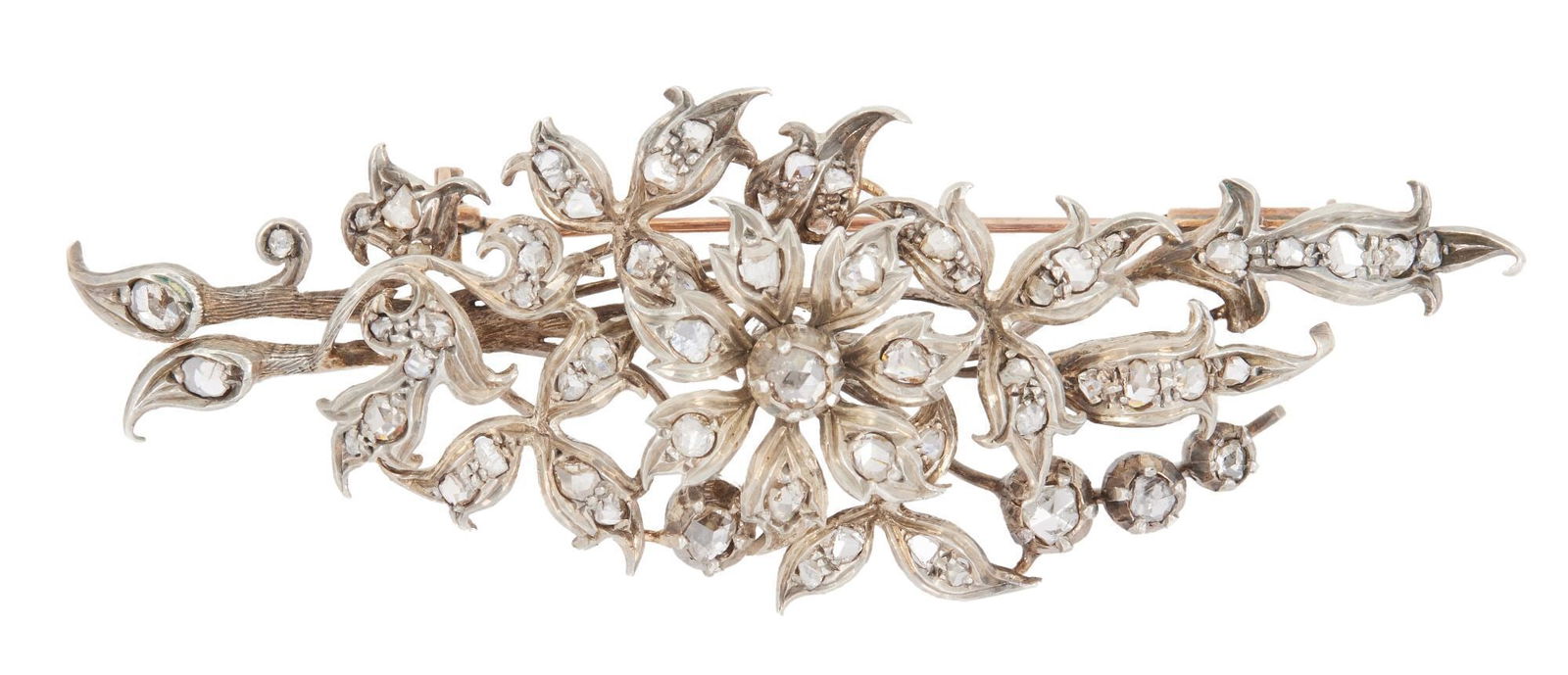 Whoopi Goldberg | Antique Silver Topped Gold Brooch: Designed as a silver-topped gold sculpted floral spray, accented by rose-cut diamonds circa 1890, 21.6 grams, 3 1/2 x 1 1/4 inches.Condition: Rose-cut diamonds approx. 3.00 carats total light bro