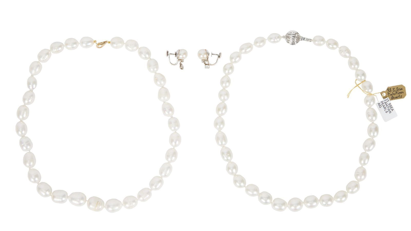 Whoopi Goldberg | White Baroque Cultured Pearl Jewelry: Comprising:- Two strands of white baroque cultured pearls from 10 x 13 mm to 11 x 13 mm, 138.8 grams, 17 1/2 inches, each one with a 14k yellow clasp, the other with a&nb