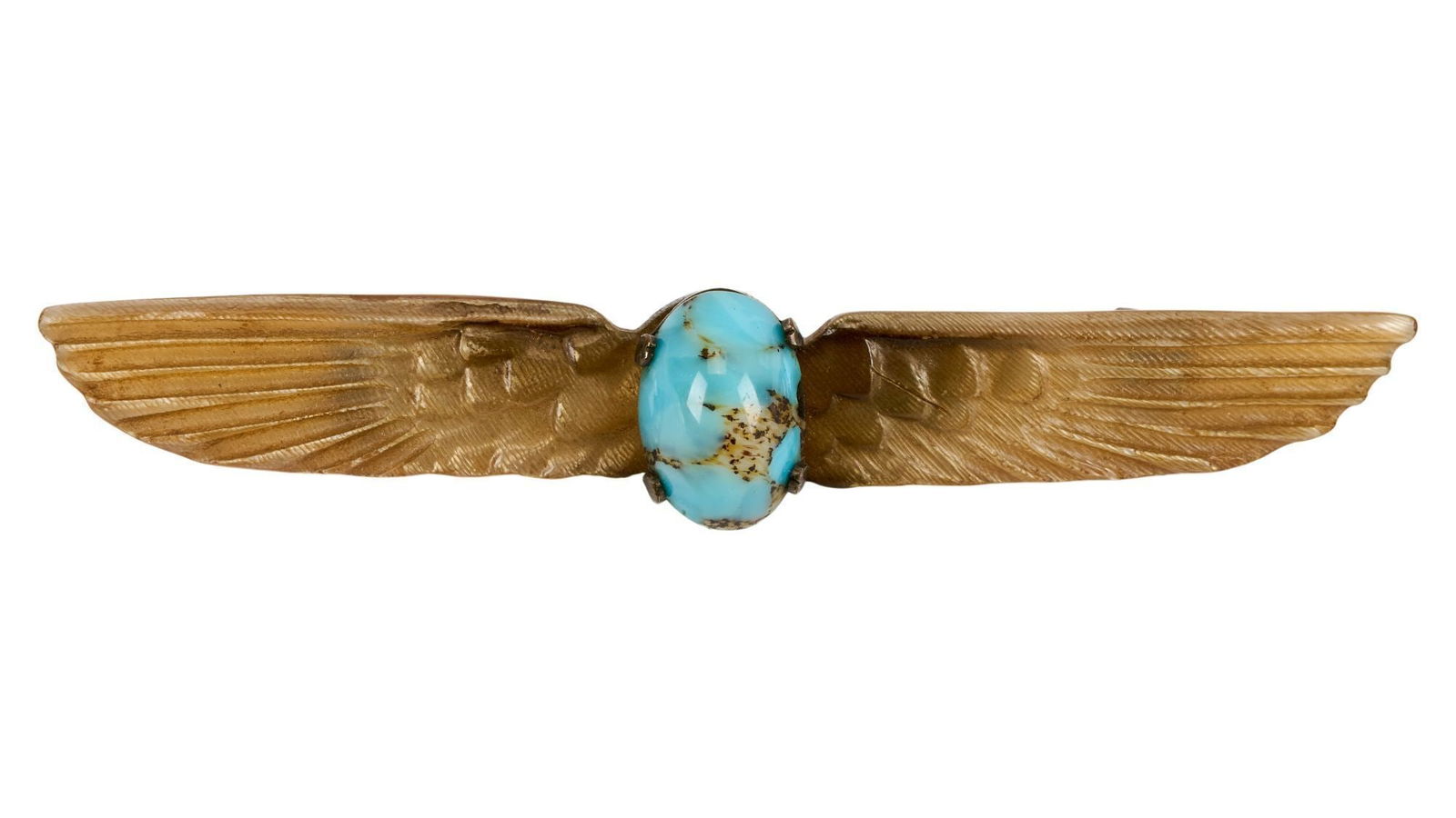 Whoopi Goldberg | Georges Pierre Art Nouveau Brooch: An Art Nouveau Georges Pierre carved horn winged brooch with turquoise colored center, signed to the verso. 0.75 x 3.5 inches From the Collection of Whoopi Goldberg