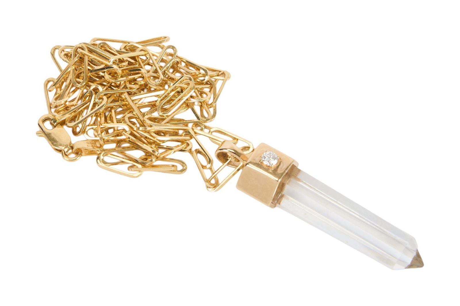 Whoopi Goldberg | 14k Yellow Gold Rock Crystal and Diamond Pendant Necklace: The pendant set with a long rock crystal with a 14k yellow gold cap, accented by a circular-cut diamond suspended by a fine ink necklace, 17.4 grams, 29 3/4 inches long, pendant 1 3/4 inches.Marked It