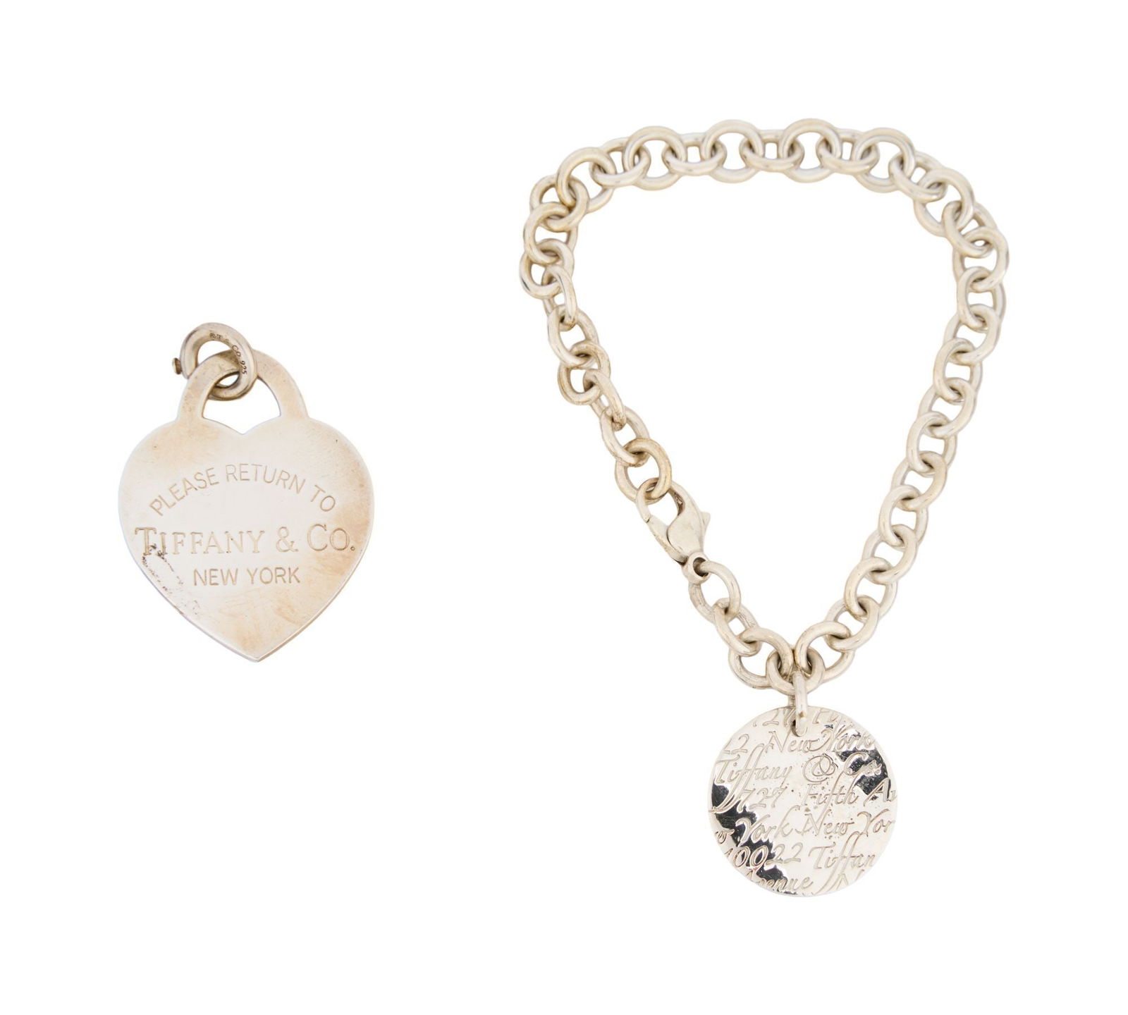 Whoopi Goldberg | Tiffany & Co. Sterling Silver Notes Fifth Avenue Pendant Bracelet and Charm: The sterling silver link bracelet suspending a circular engraved charm, 26.2 grams, 7 ¾ inches long, pendant 1 inch, marked Tiffany & Co. 925; and an additional sterling silver "Return to Tiffa