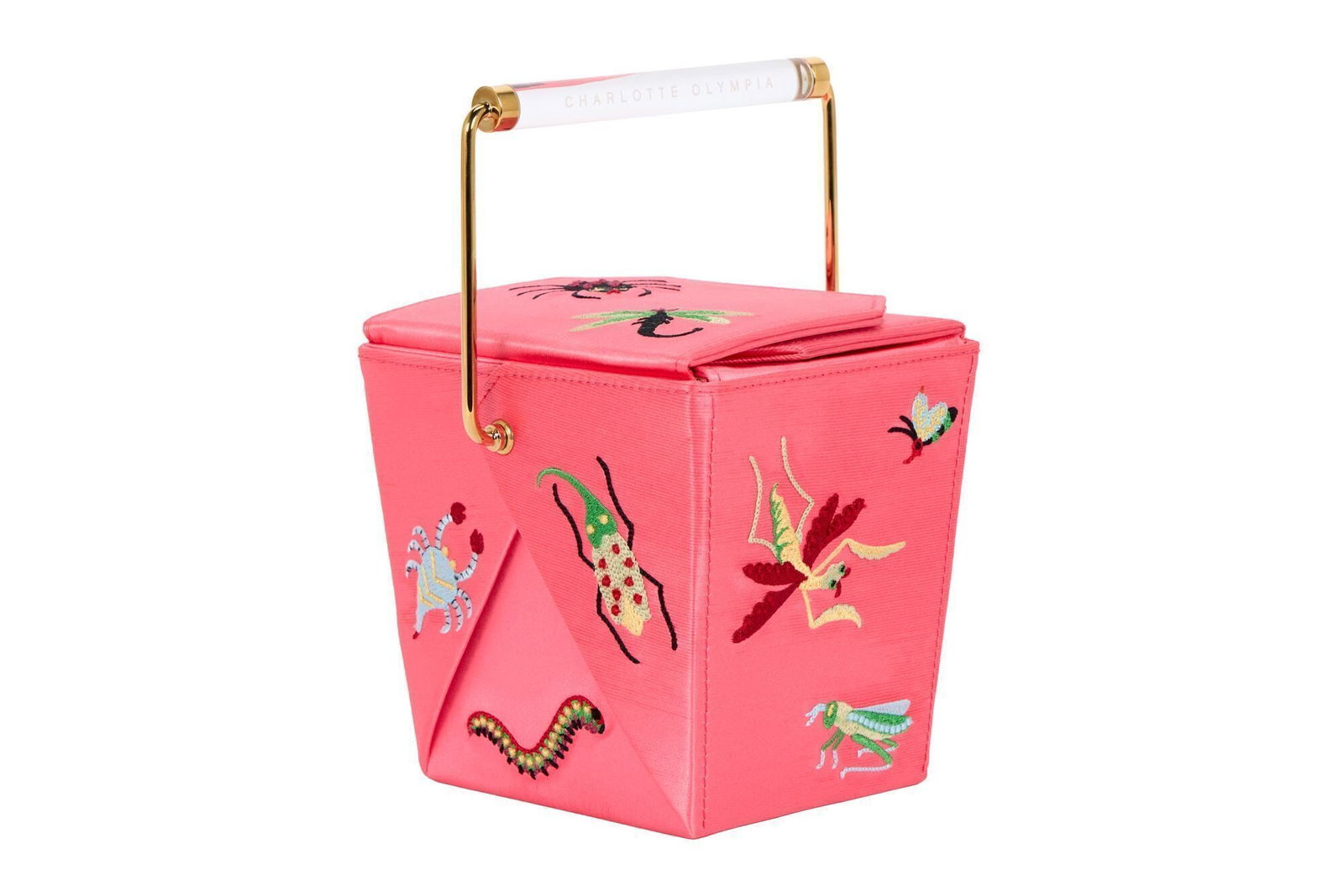 Whoopi Goldberg | Charlotte Olympia Take Me Away Clutch: A shocking pink crepe de chine Charlotte Olympia "Take Me Away" clutch embellished with multicolor embroidered insect design, brass hardware, Perspex top handle, and magnetic fold-down closure at top.