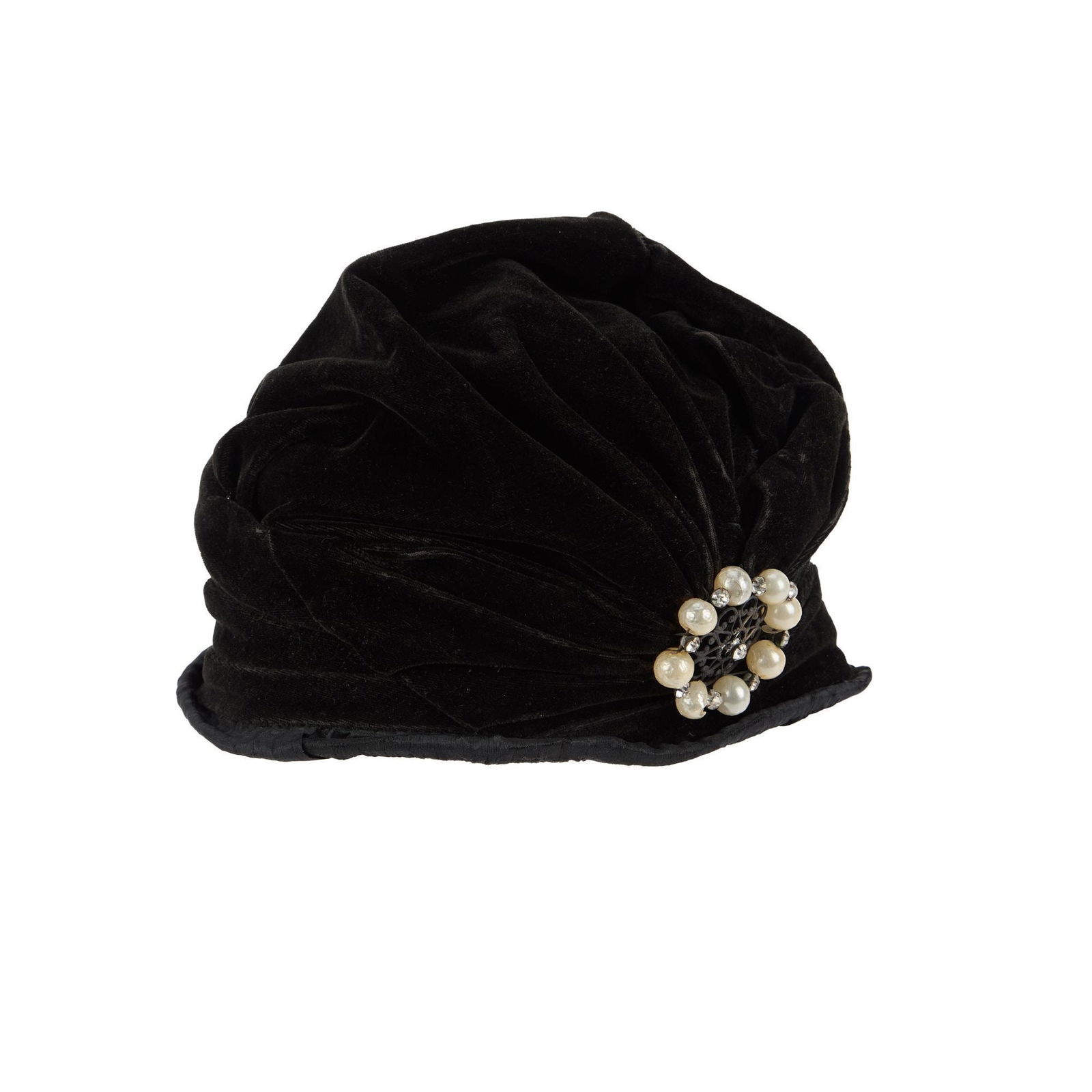 Whoopi Goldberg | 1920s Hat with Hat Pin: A velvet hat from the 1920s with costume bejeweled pins. The inside is labeled "Philipsborn Extra Quality Millinery / Chicago." 7 x 9.5 x 8 inches From the Collection of Whoopi Goldber