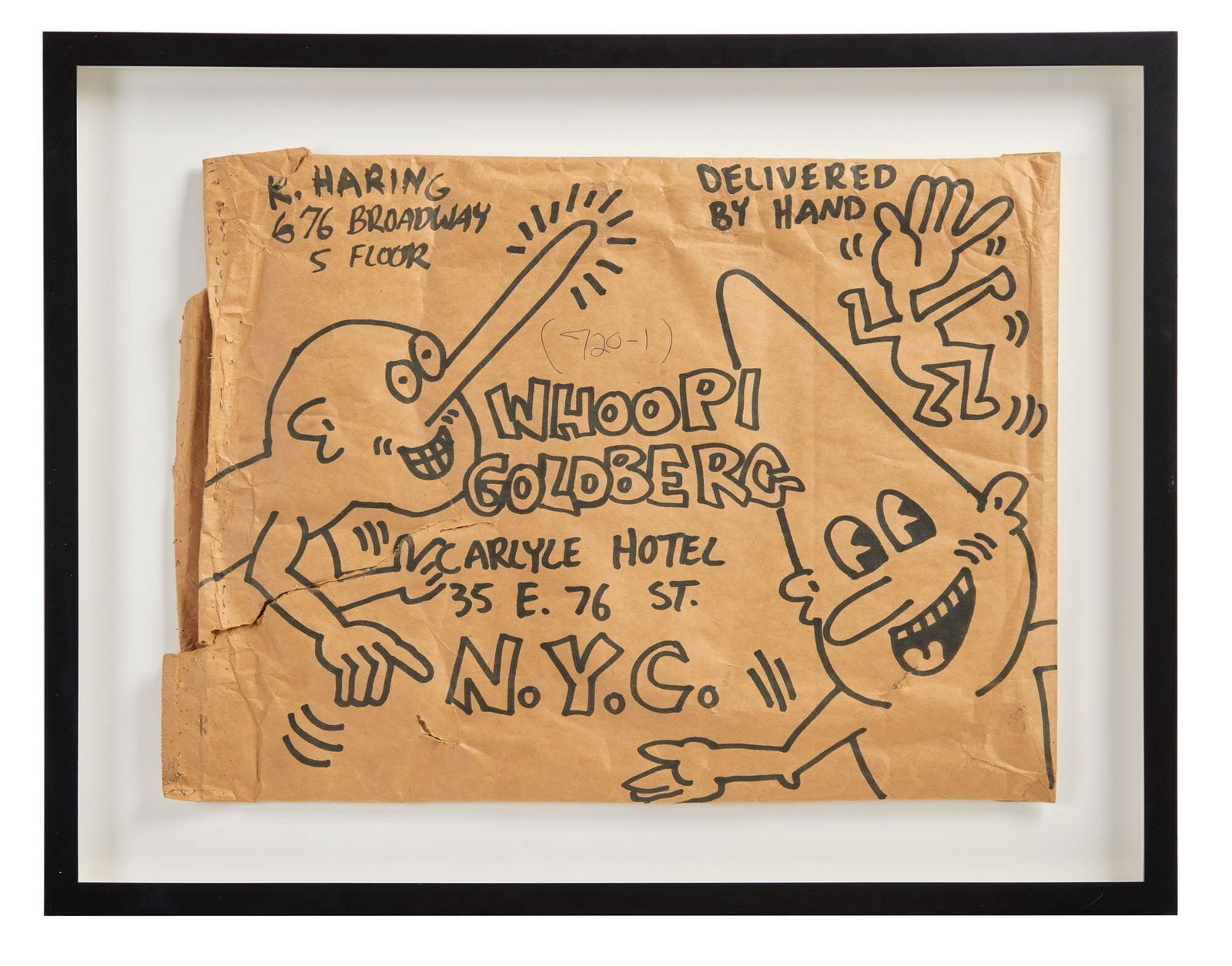 Whoopi Goldberg | Keith Haring Original Black Marker Drawing on Brown Paper Envelope: An original two-sided black marker-on-brown package envelope drawing with figures and text from Keith Haring (American 1958-1990) to Whoopi Goldberg, addressed to Goldberg at the Carlyle Hotel in New