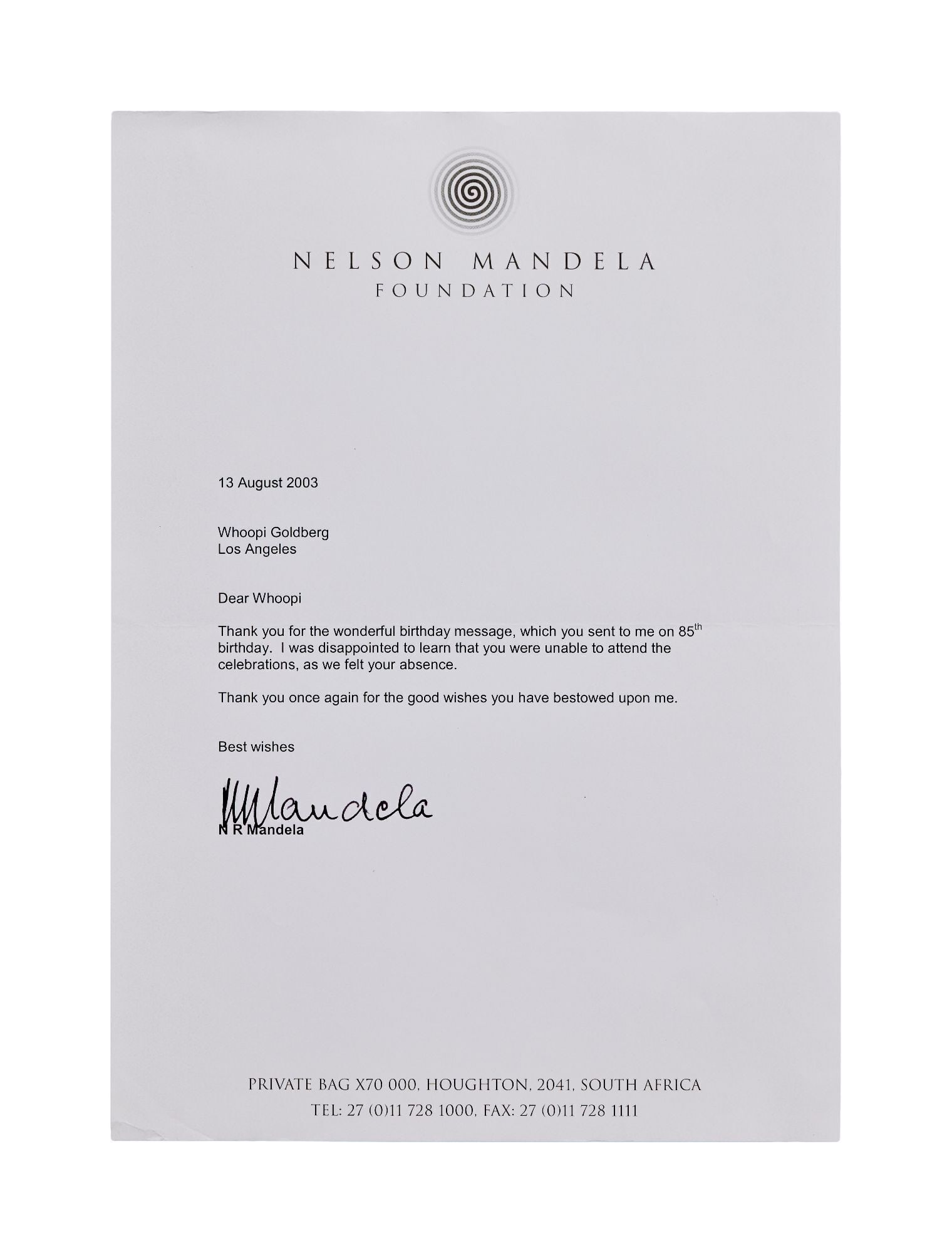 Whoopi Goldberg | 2003 Nelson Mandela Signed Note (1 of 2)