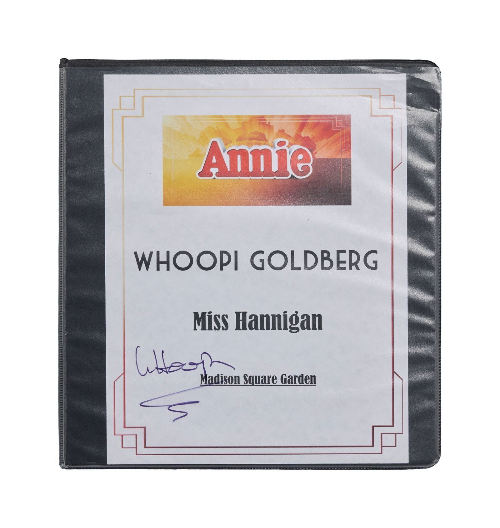 Whoopi Goldberg | 2024 Signed "Annie" Script: A binder containing Whoopi Goldberg's script for the 2024 touring production of Annie, signed in felt-tip ink on the cover by Goldberg with several highlighted pages. She played Miss Hannigan on