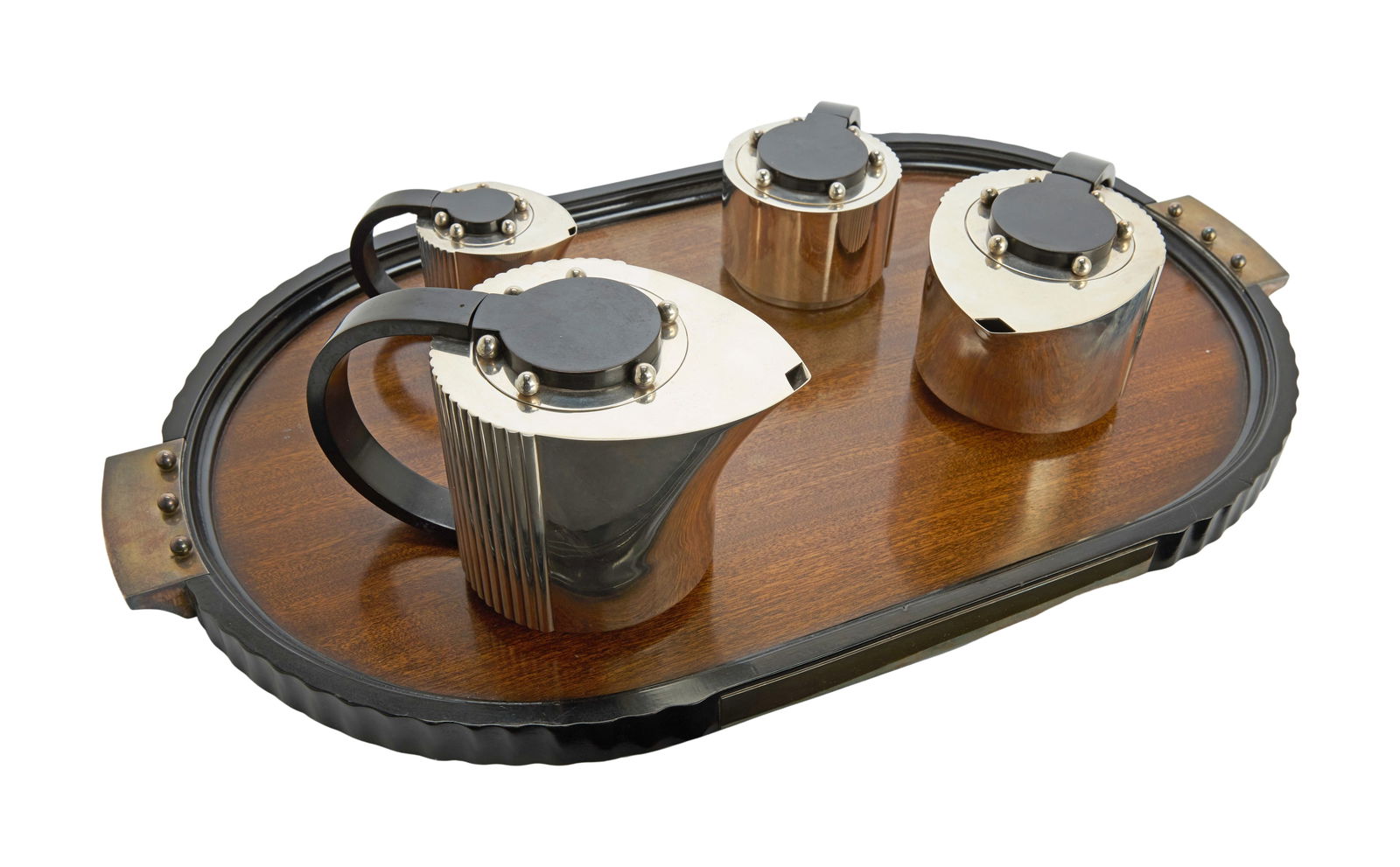 Whoopi Goldberg | Jean Puiforcat Designed Silver Plate Etchea Art Deco Coffee and Tea Service: An Etchea pattern silver plate and mahogany Art Deco five-piece service with ebonized wood accents. Originally designed by Jean Puiforcat in 1928, this version is from the mid-1980s reissue of the set