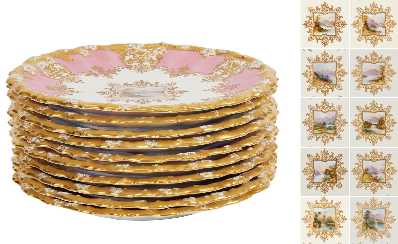 Whoopi Goldberg | Set of 10 Coalport Rococo Revival Cabinet Plates: A set of 10 Coalport scalloped Rococo Revival cabinet plates with heavily decorated parcel-gilt and pink borders framing a central cartouche with a hand painted landscape location. Each reserve featur