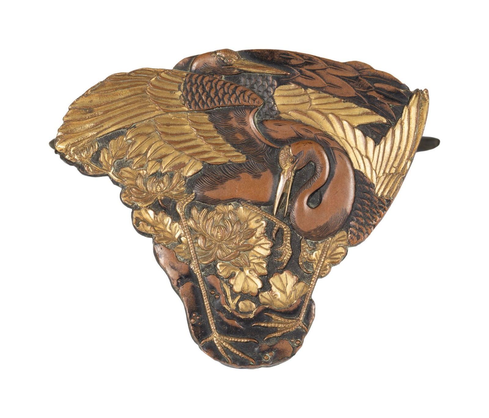 Whoopi Goldberg | Japanese Meiji Period Menu Holder: A 19th century mixed metal Japanese menu holder depicting cranes and foliage. 3 x 3 x 2.5 inches From the Collection of Whoopi Goldberg