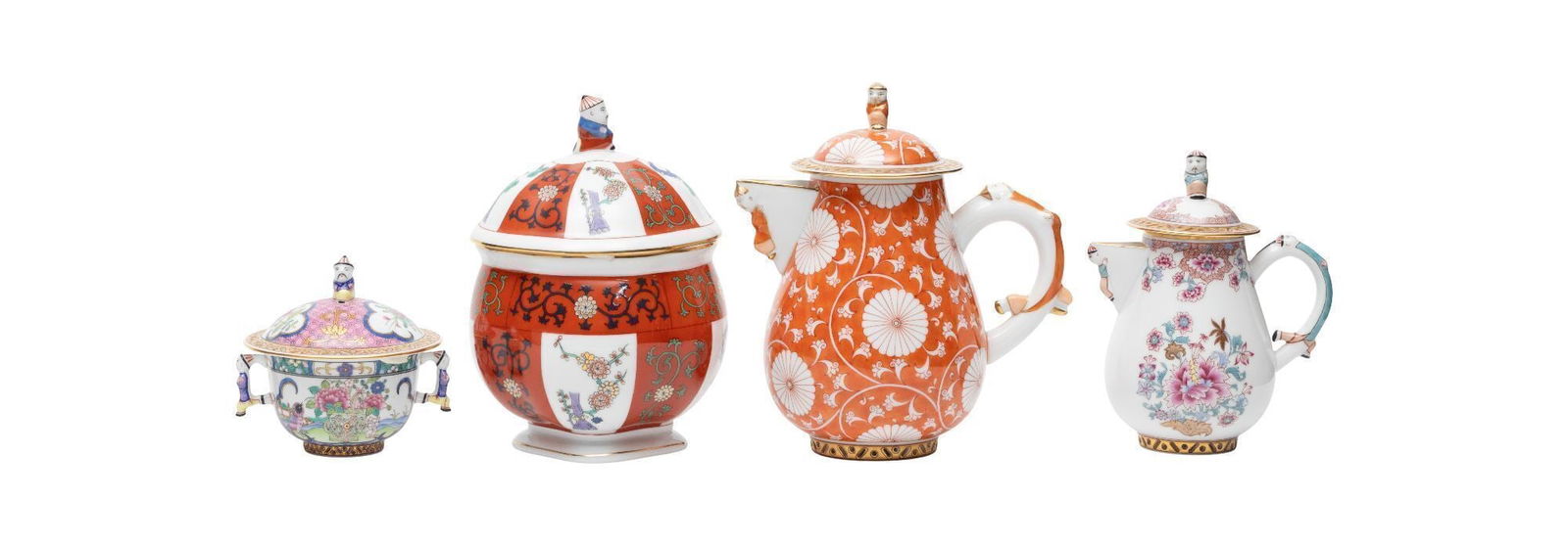Whoopi Goldberg | Group of Four Herend Tea items: A group of four 20th century Herend Chinese themed tea items, including two teapots, a sugar bowl, and a covered tea cup. Largest 7 x 6 inches From the Collection of Whoopi Goldberg