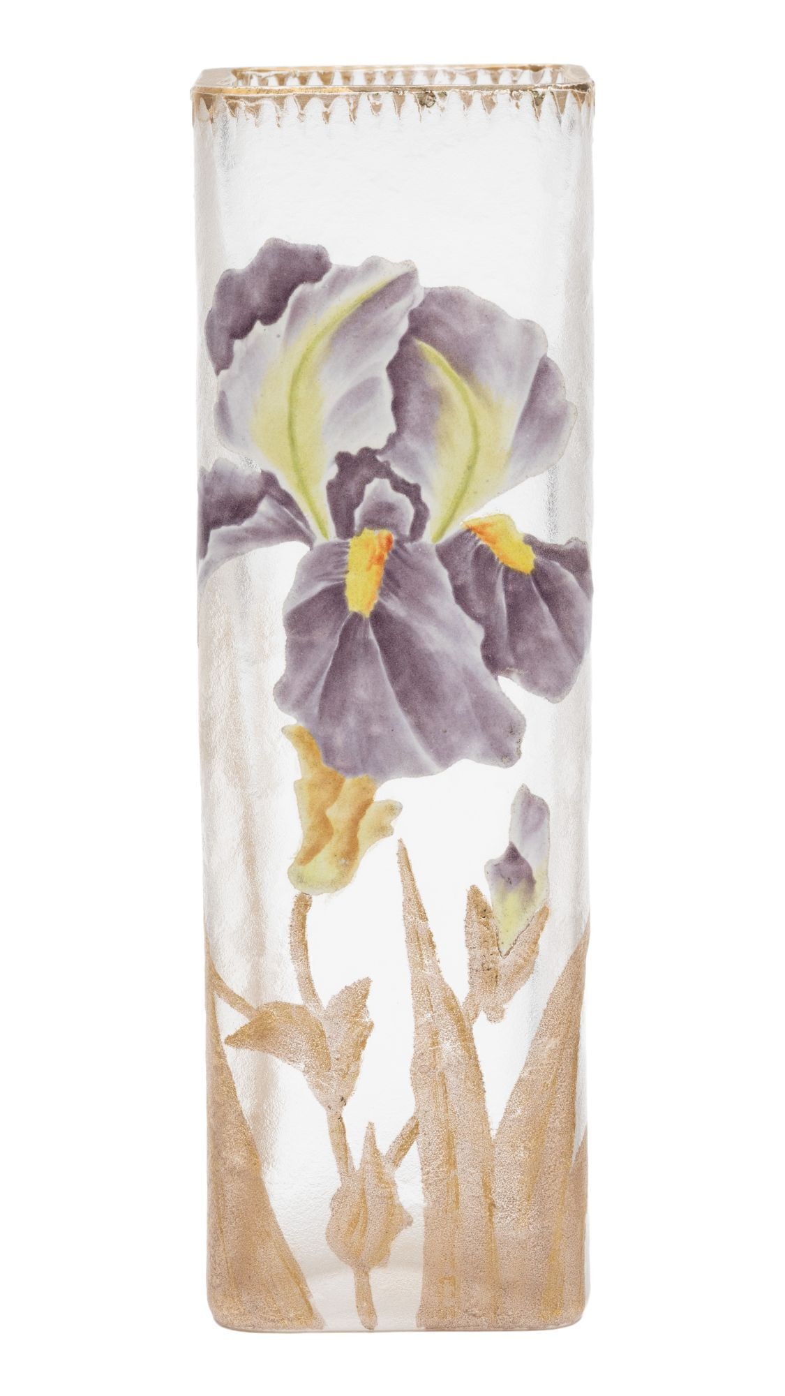 Whoopi Goldberg | Legras Mont Joye Art Glass vase: An Art Nouveau square etched glass vase with enameled and parcel gilt iris flowers. Marked on the underside. 7.5 x 3 x 3 inches From the Collection of Whoopi Goldberg