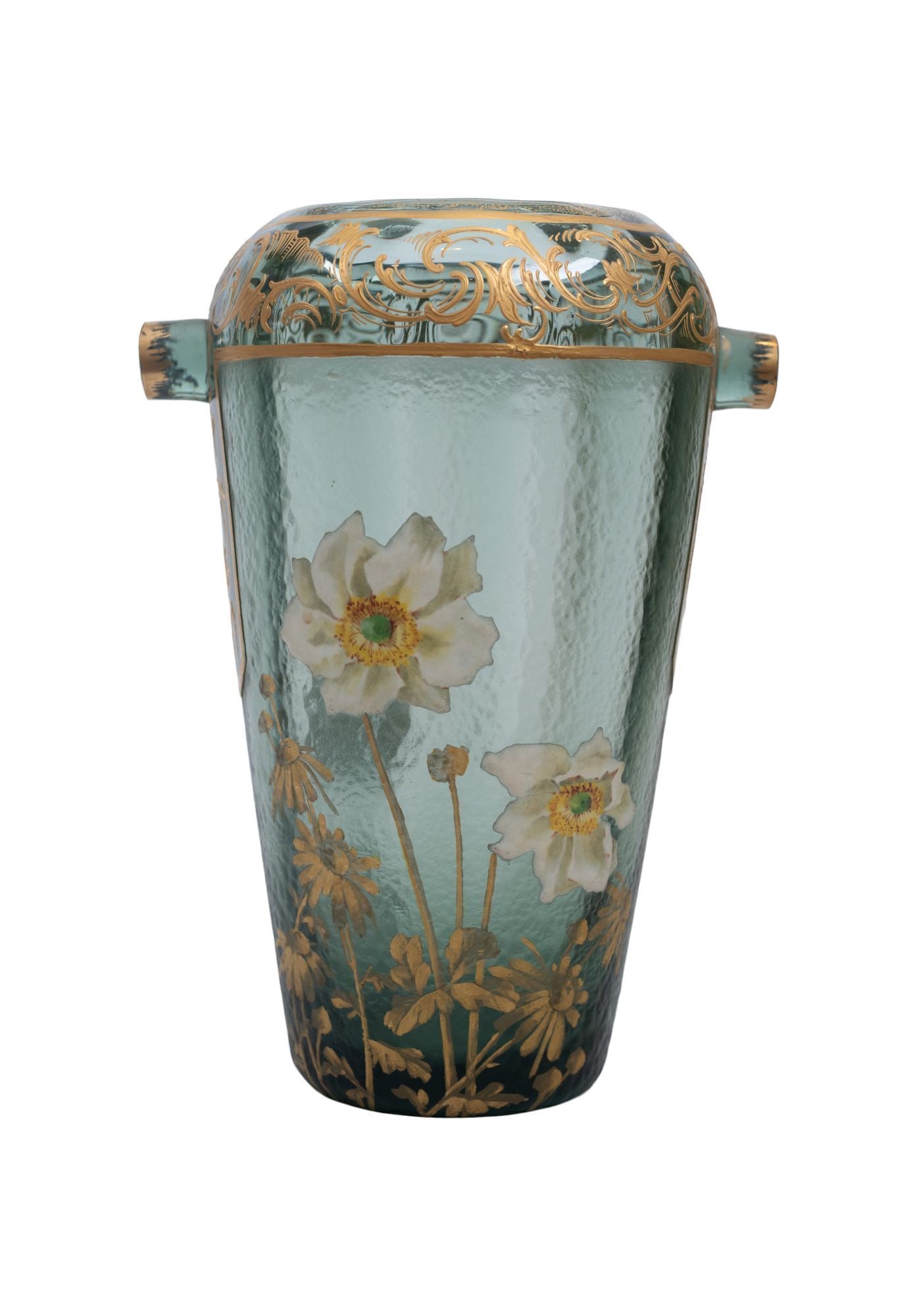 Whoopi Goldberg | Legras Mont Joye Vase: An Art Nouveau square etched glass vase with enameled and parcel gilt iris flowers. Marked on the underside. 9.5 x 8 inches From the Collection of Whoopi Goldberg