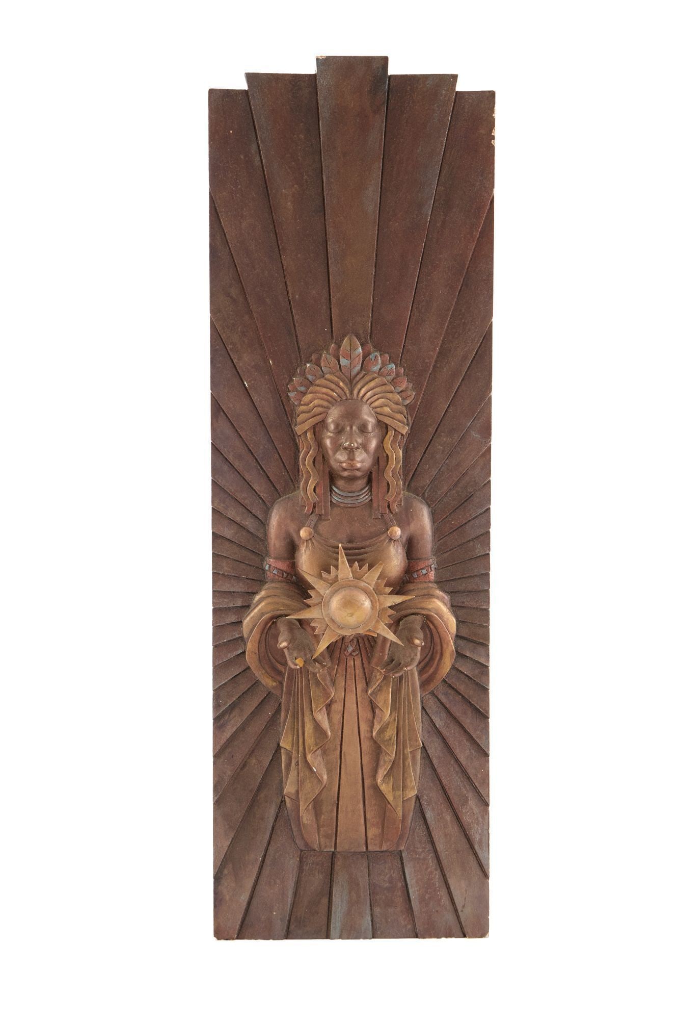 Whoopi Goldberg | Queen Califia Art Deco Style Plaque: A carved wood and parcel-gilt plaque depicting Queen Califia a mythical Black American native woman representing California. 20.5 x 6.5 inches From the Collection of Whoopi Goldberg