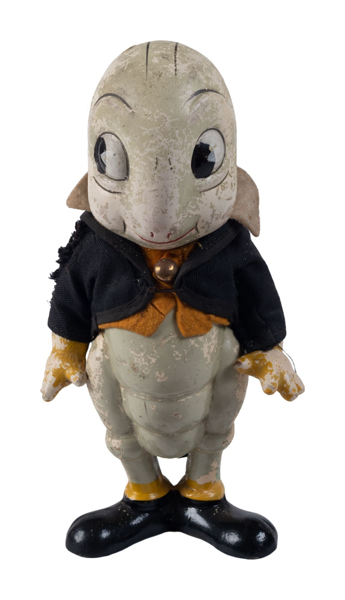 Whoopi Goldberg | Composition Jiminy Cricket Figure: A vintage 1940 Jiminy Cricket figure made of painted composition with a felt waistcoat and jacket. (Paint loss). 9.5 x 5.5 inches From the Collection of Whoopi Goldberg