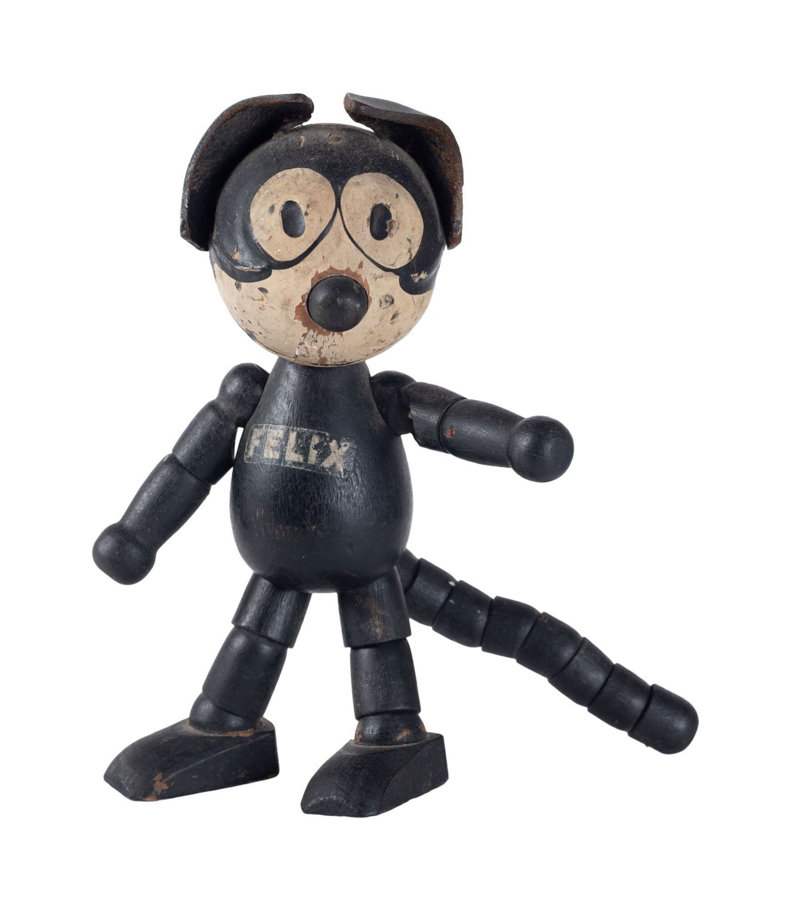 Whoopi Goldberg | Felix the Cat Articulated Figurine: A vintage painted wood articulated Felix the Cat figure, circa 1925 marked under the foot. 7.5 inches From the Collection of Whoopi Goldberg