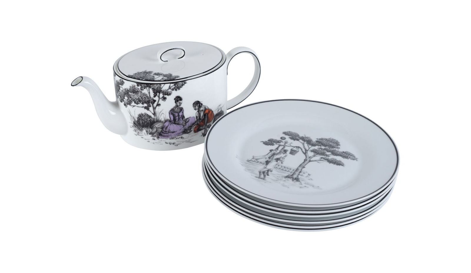 Whoopi Goldberg | Wedgwood x Sheila Bridges Harlem Toile de Jouy Teapot and Six Dinner Plates: A group of Harlem Toile de Jouy plates and a teapot designed by Sheila Bridges for Wedgwood. Plates 10.25 inches diameter From the Collection of Whoopi Goldberg