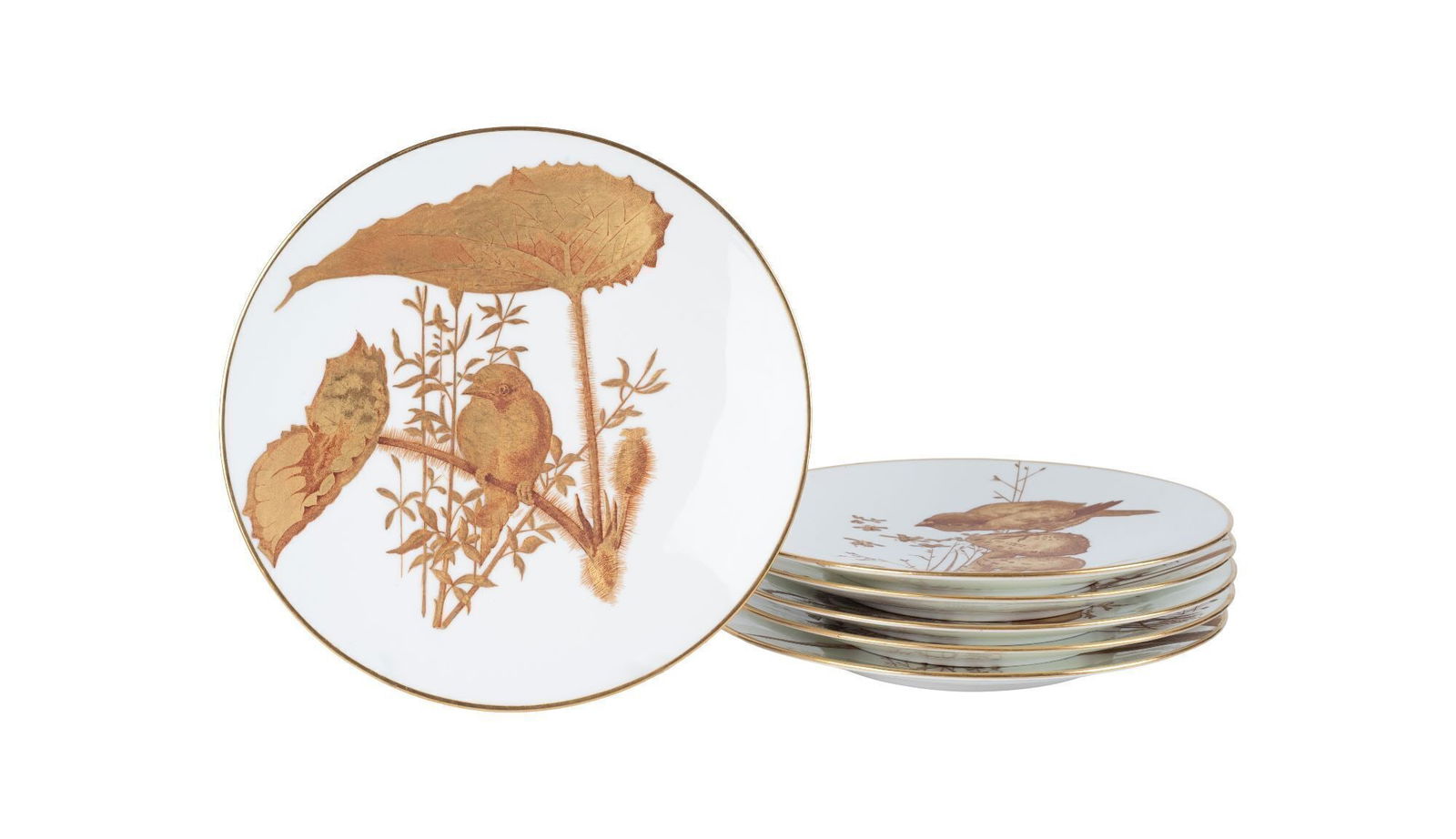 Whoopi Goldberg | Six Brown-Westhead Moore Gilt Bird Plates: A group of six gilt decorated dessert plates by maker T.C. Brown-Westhead Moore, retailed by Davis Collamore New York. Marked on the underside with maker's backstamp and pattern number B 5179. 8.75 in