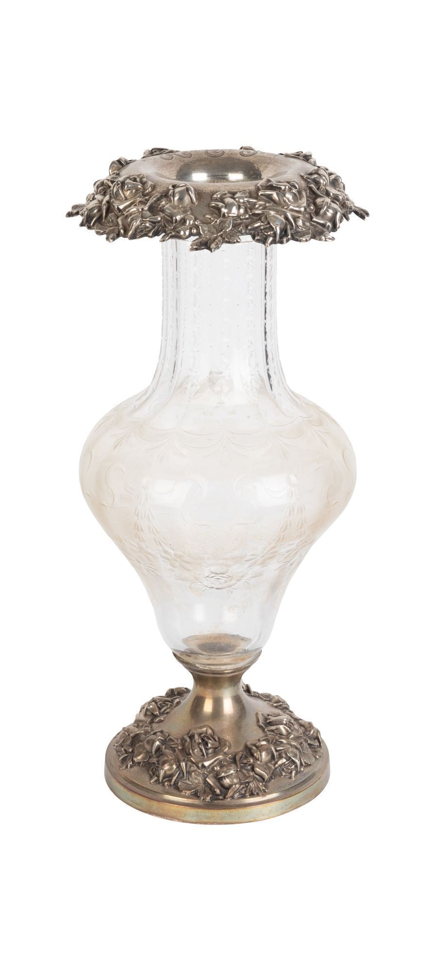 Whoopi Goldberg | Early Gorham Sterling and Etched Crystal Vase: A sterling mounted etched crystal vase marked "Sterling/ 1/ The Gorham Co." on the underside. No date marks non-weighable. 14.5 inches high x 6 inches diameter From the Collection of Whoopi