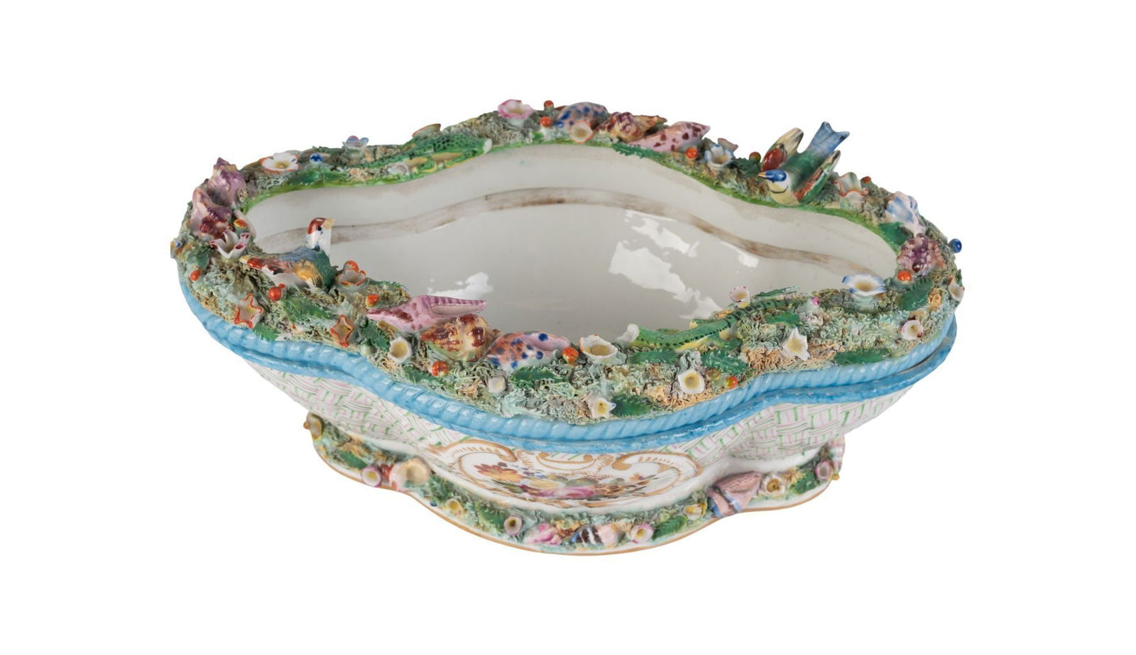 Whoopi Goldberg | JP Porcelain Centerpiece Bowl: An antique elongated oval porcelain centerpiece bowl in two parts, decorated ornately with raised applied flowers, birds, and shells. Marked "JP" on the underside. 4 x 10 x 6 inches From the Collectio