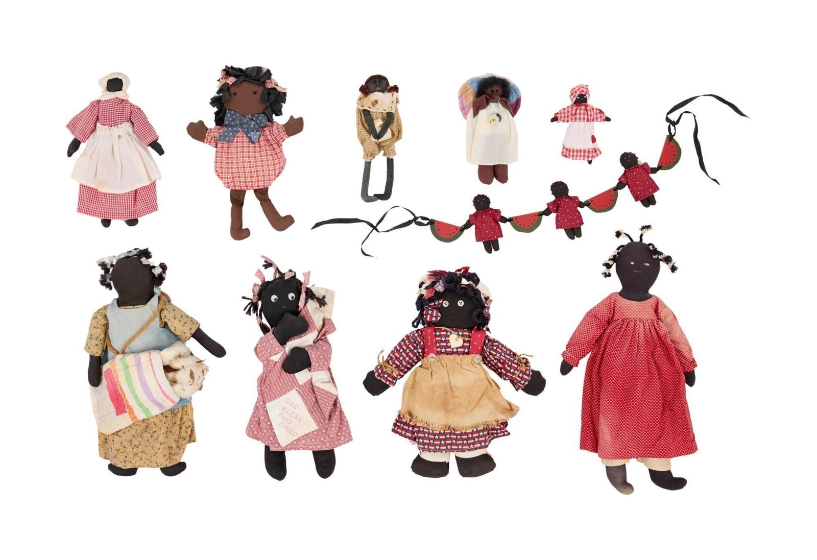 Whoopi Goldberg | Nine Black Folk Art Dolls Girls: A group of nine cloth Black folk art dolls in various sizes from Whoopi Goldberg's large collection, with handwritten notecards by her numbering, naming, and categorizing them. Goldberg has categorize