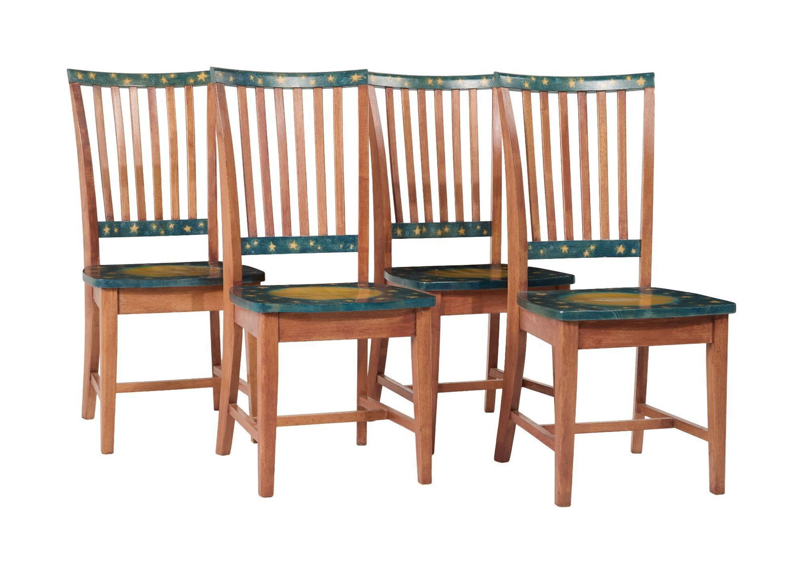 Whoopi Goldberg | Set of Four Moon and Stars Painted Wood Chairs: Four wooden dining chairs. Each seat and chairback is painted to depict the moon and stars. Design on each chair is slightly different from the others. Wear and deterioration present from age and use.