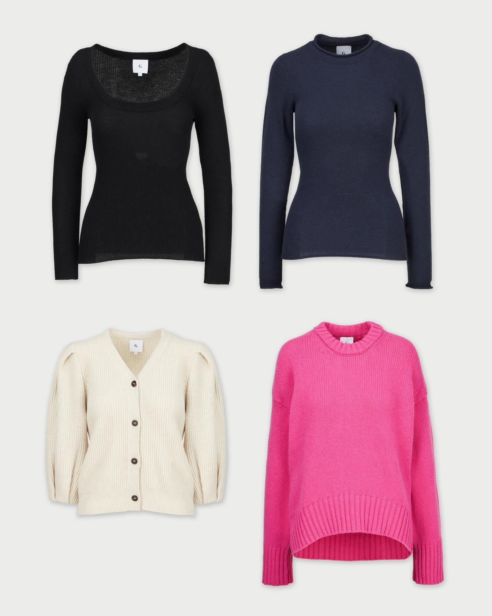 Gwyneth Paltrow | goop G. Label Sweaters (With Signed Image): A group of knitwear, designed by goop G. Label, from the collection of Gwyneth Paltrow. First, the Theo crewneck rounded sweater in hot pinks, made of 100% virgin wool, made in Italy. The oversiz