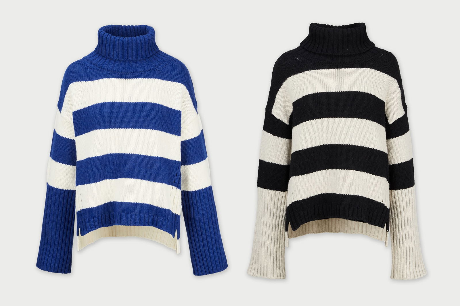 Gwyneth Paltrow | goop G. Label Striped Wool Sweaters (With Image): A pair of 100% wool Jazmyn sweaters from goop G. Label by Gwyneth Paltrow, in classic black-and-grey and vibrant royal blue-and-white stripes. Gwyneth was photographed wearing the black-and-white