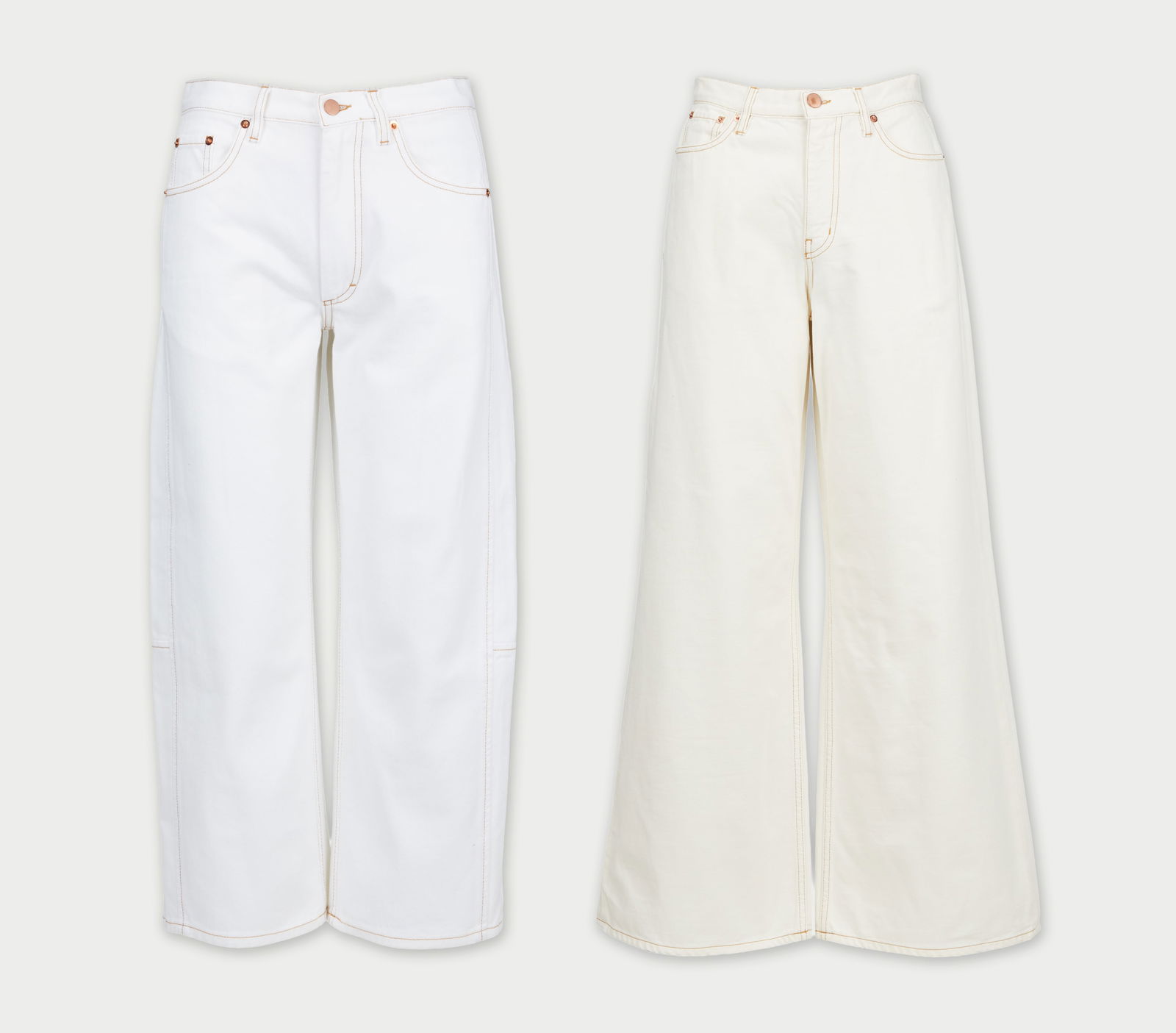 Gwyneth Paltrow | G. Cotton Denim Jeans: A set of two white G. Label jeans from the collection of Gwyneth Paltrow.Including a low-rise off-white wide-leg denim pair in 100% cotton with two front hip pockets and two back patch pockets, size 2