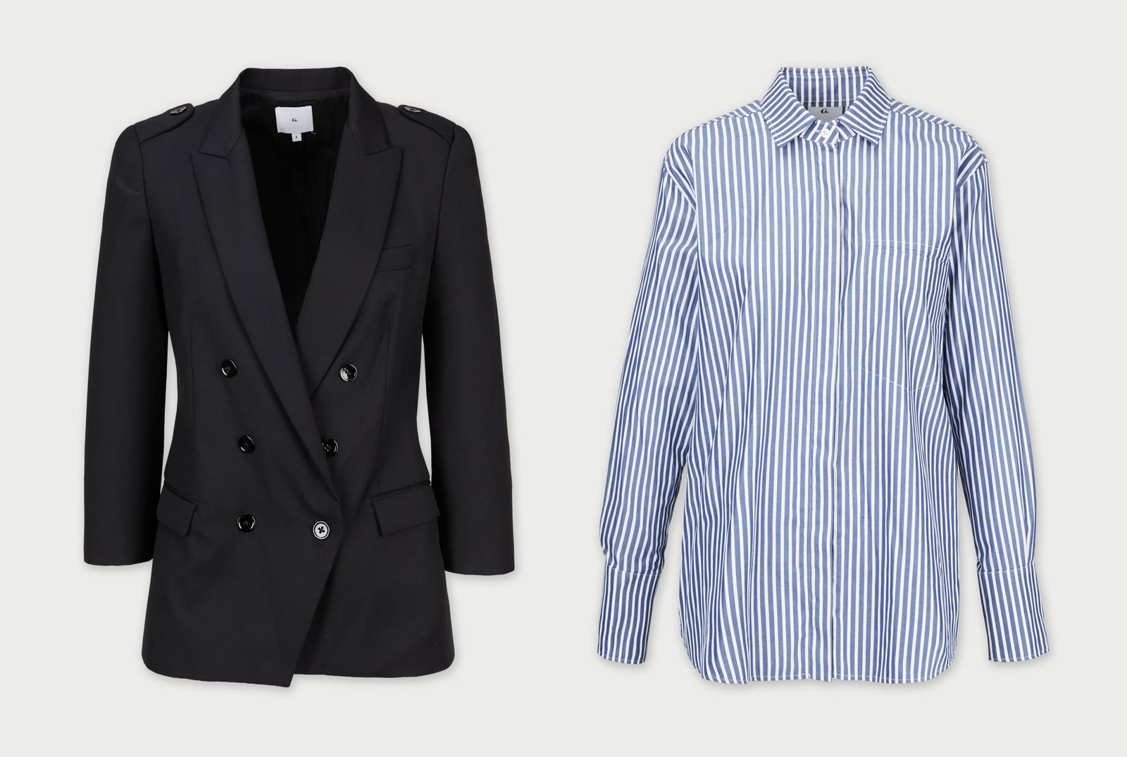 Gwyneth Paltrow | G. Label Blazer and Dress Shirt: This an offering of a G. Label black double-breasted wool blazer and a striped cotton dress shirt from the collection of Gwyneth Paltrow.The G. Label blazer is composed of black wool with a double-bre