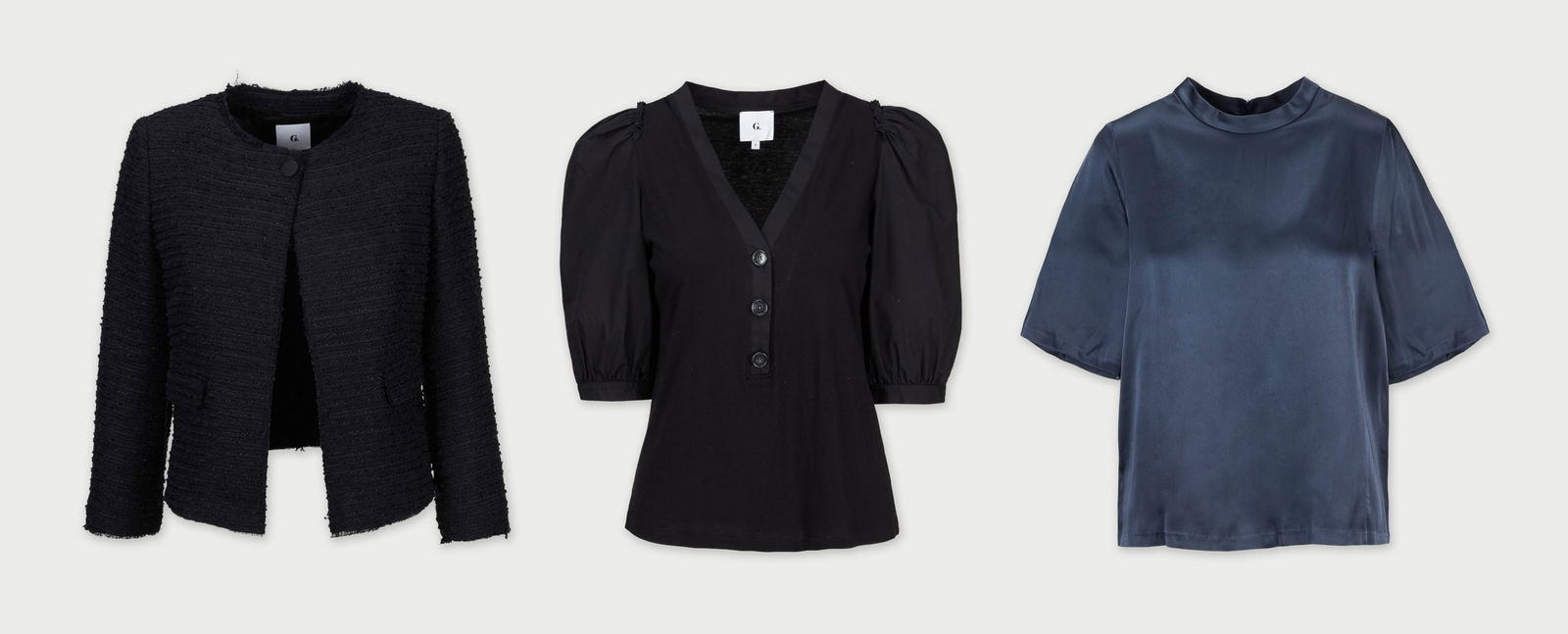 Gwyneth Paltrow | goop G. Label Wardrobe Separates: Three separates designed by goop G. Label, comprising a black cotton top, a navy satin blouse, and a black tweed jacket. From the collection of Gwyneth Paltrow.The black cotton top is cut with a