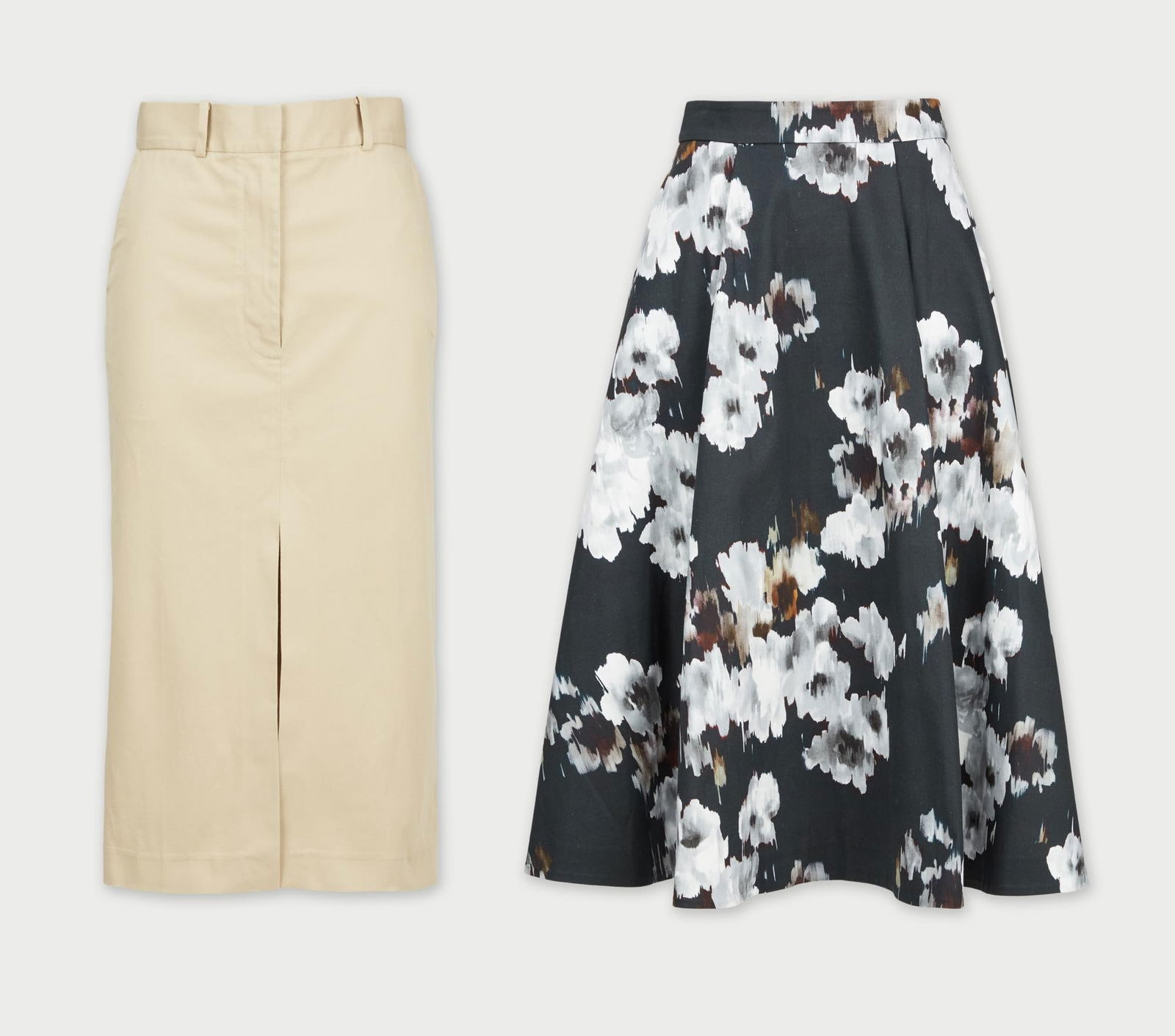 Gwyneth Paltrow | goop G. Label Skirts (With Image): A grouping of two skirts designed by goop's G. Label, from the collection of Gwyneth Paltrow.The first skirt is a tailored Alexandra beige cotton midi skirt, designed with a smooth waistband, belt loo