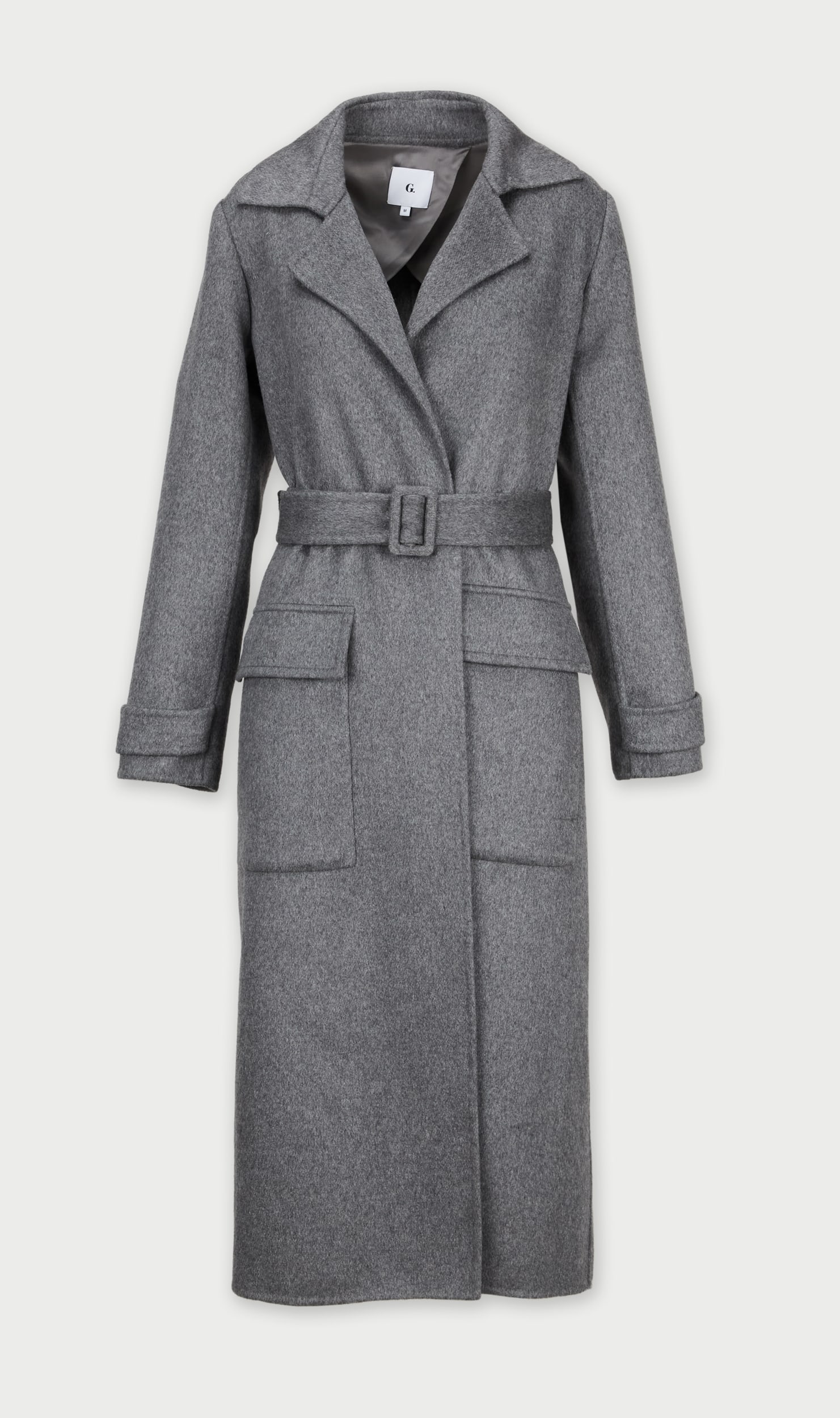 Gwyneth Paltrow | goop G. Label Cashmere Overcoat: A grey cashmere overcoat by goop G. Label, from the collection of Gwyneth Paltrow.The coat features generous notched lapels and a waist belt that shapes the relaxed wrap silhouette. Two oversized patc