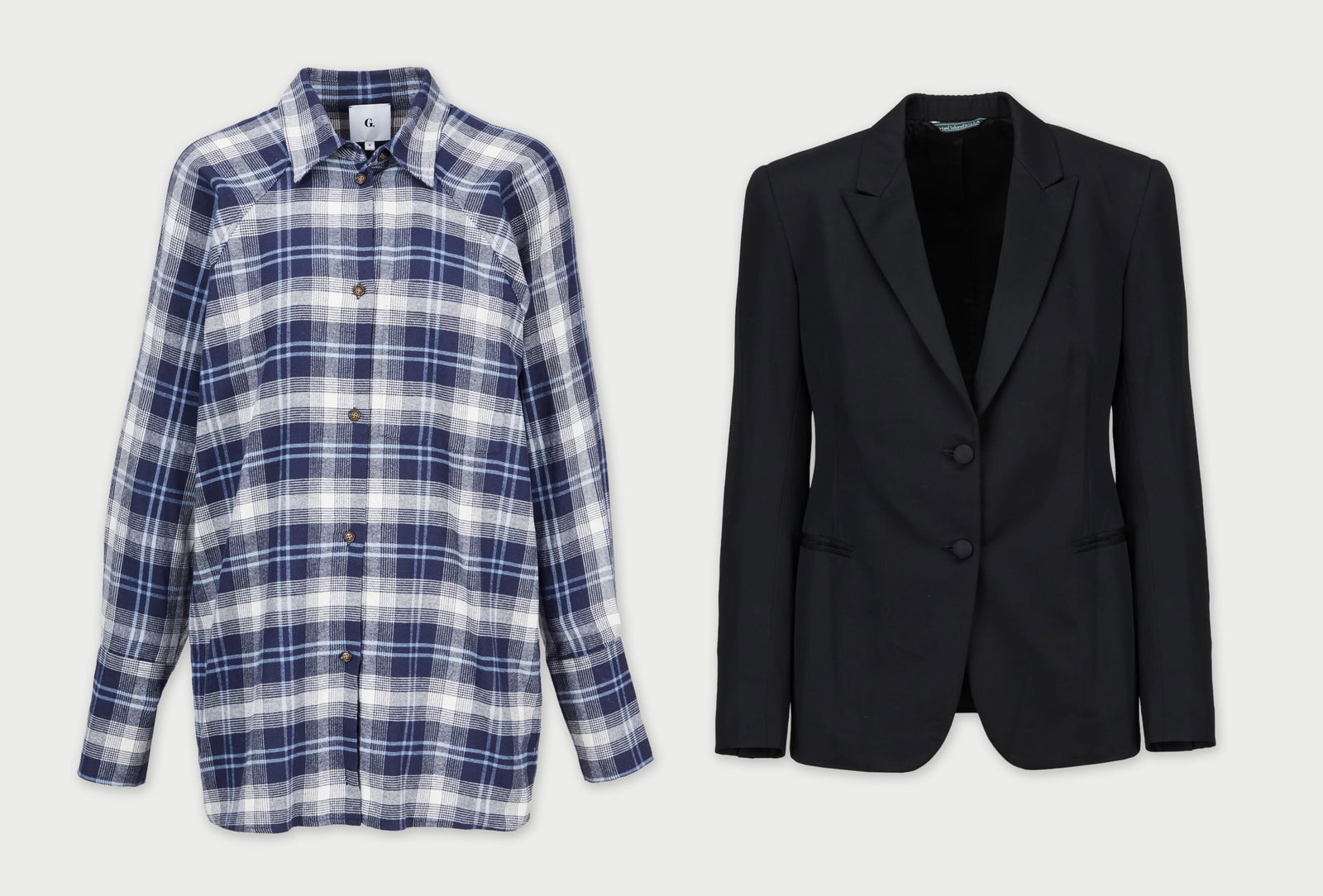 Gwyneth Paltrow | goop G. Label X G. Edition01 | Collaboration with Martin Greenfield: A plaid flannel shirt paired with a limited-edition black wool blazer, tailored to perfection by Brooklyn clothier Martin Greenfield. This a two-piece grouping of a goop G. Label shirt and G. Edition0