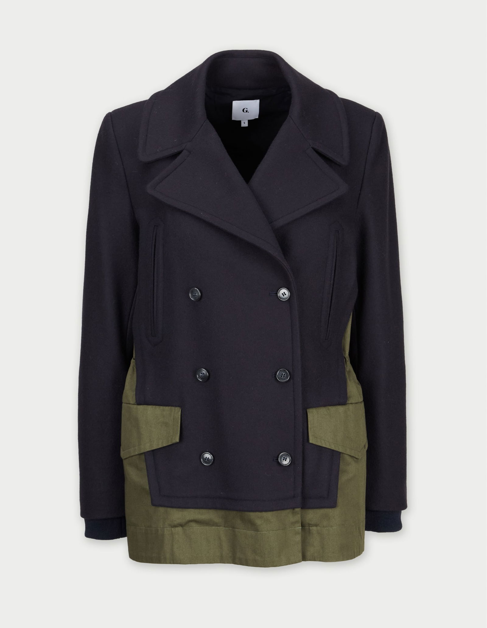 Gwyneth Paltrow | goop G. Label Two-Tone Jacket: A wool coat designed by goop G. Label, from the collection of Gwyneth Paltrow. The two-tone jacket combines a dark navy wool-blend upper and sleeves with an olive-green utility fabric across