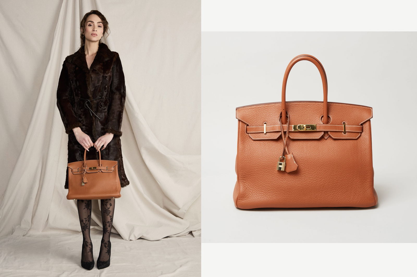 Hermes | 2005 Gold Clemence Birkin 35 CM: An Hermes retourné 35 cm, gold, Clemence (calf leather) Birkin with gold hardware, lined with goat leather. The design features rolled top handles, gold-plated hardware that includes the turn