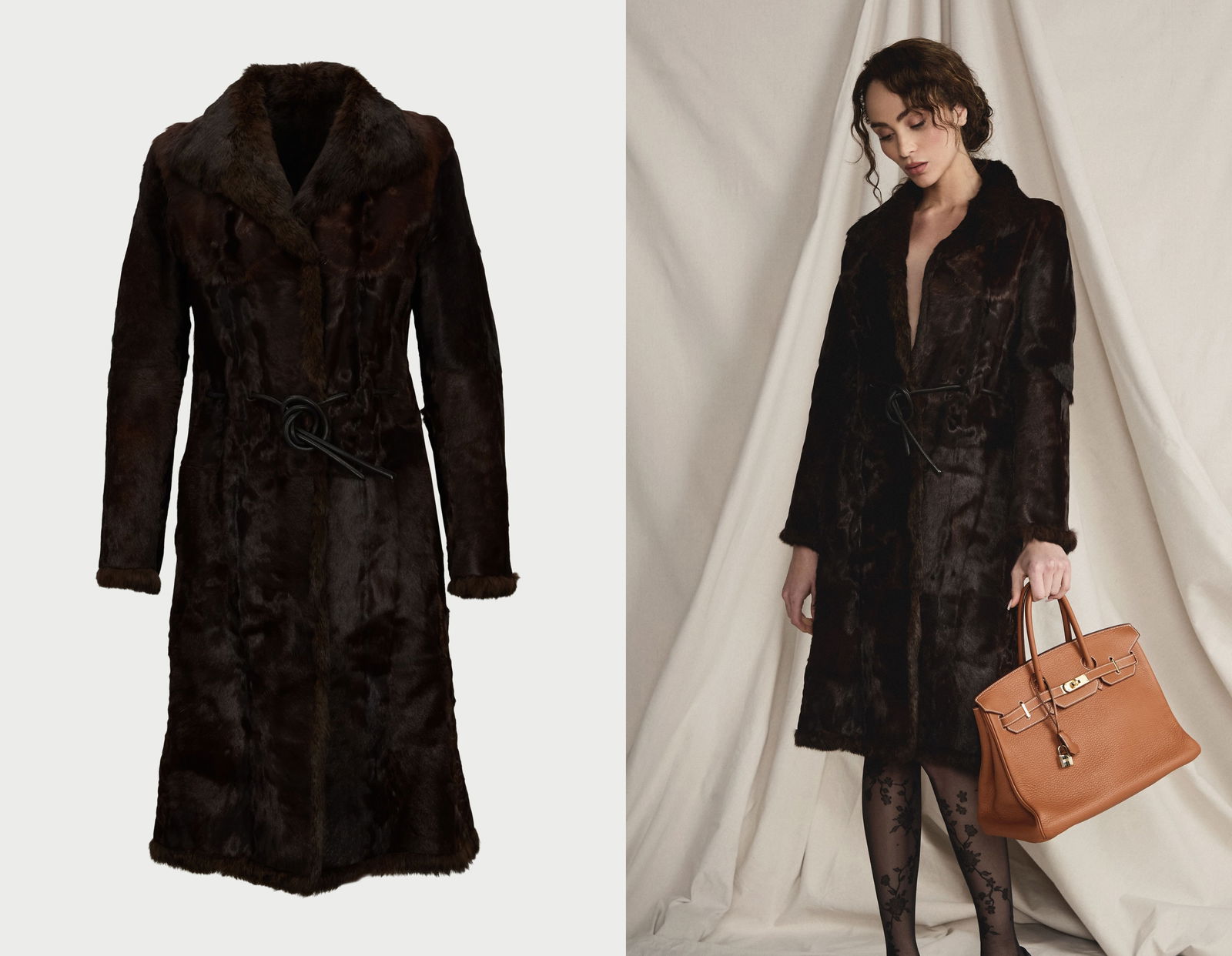 Gucci | 1999 Fall Runway By Tom Ford Fur Coat : A knee-length brown fur coat with leather belt/tie that cinches at the waist from Gucci's fall 1999 runway show, designed by creative director Tom Ford.A brown knee-length fur coat with a black