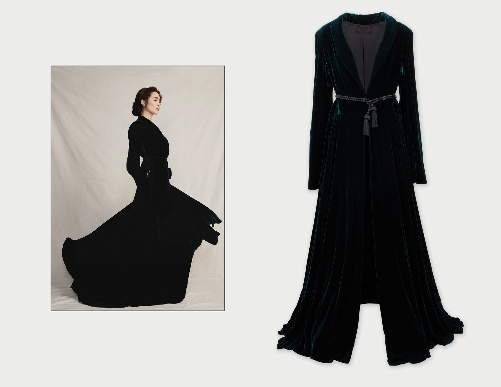 Jean Paul Gaultier | 2002 Fall Haute Couture Floor Length Velvet Robe: A floor-length green velvet robe-styled over piece designed by Jean Paul Gaultier for his Fall 2002 Haute Couture collection, modeled by Jacquetta Wheeler (look 46). From the collection of renown coll