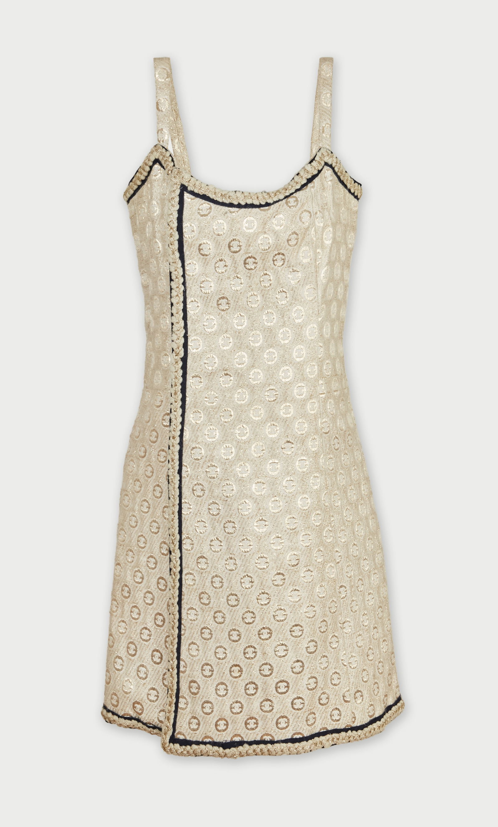 Chanel | 1968 Lifetime Gabrielle Chanel A-Line Monogram Shift Dress (With Image): A lifetime Gabrielle Chanel Haute Couture, monogrammed shift dress, likely from the Spring/Summer 1968 couture collection. The dress comes with an image of a model wearing the design, courtesy of the
