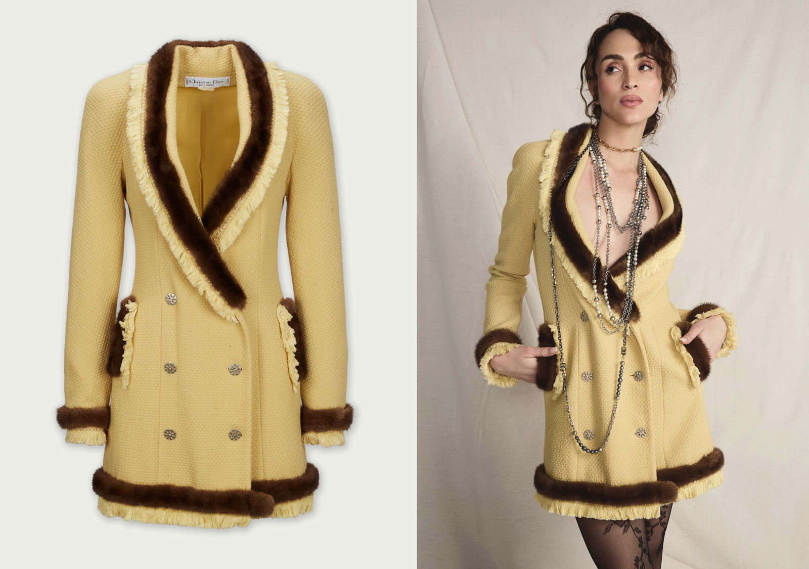 Christian Dior | 1997 Fall John Galliano Yellow Tweed Coat Dress: A Christian Dior demi-couture Fall 1997 runway design designed by John Galliano. The iconic blazer-dress is composed of canari yellow tweed with mink fur trim at the neckline, pockets, and hem. G