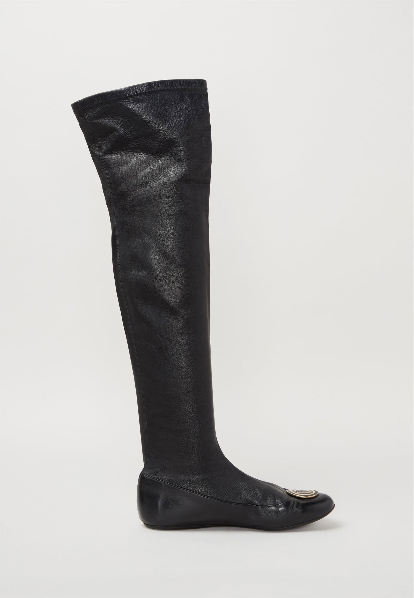 Chrisitan Dior | Over the Knee Sock Boot: Christian Dior over the knee sock boot circa 2005. Black leather ballet type boot with a CD medallion located on the toe of the vamp on each boot. 