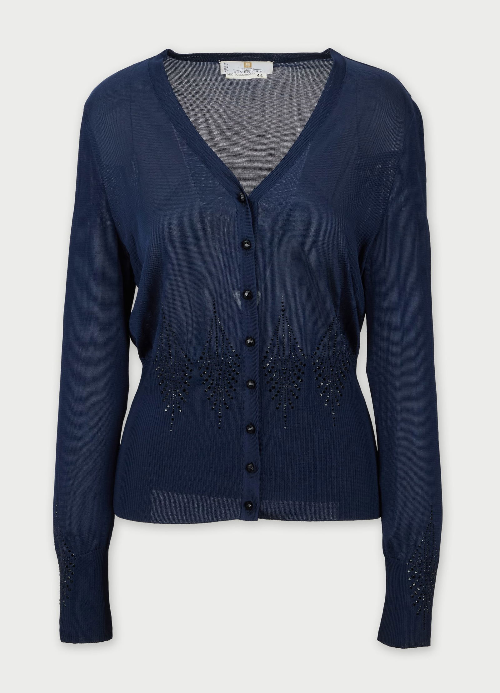 Givenchy | 1999 Pre-Spring 1999 by Alexander McQueen Blue Cardigan : A Givenchy dark navy blue knit cardigan from the Pre-Spring 1999 collection by Alexander McQueen. The cardigan is composed of viscose and features a crew neckline, button-up front, ribbed cuffs, and h