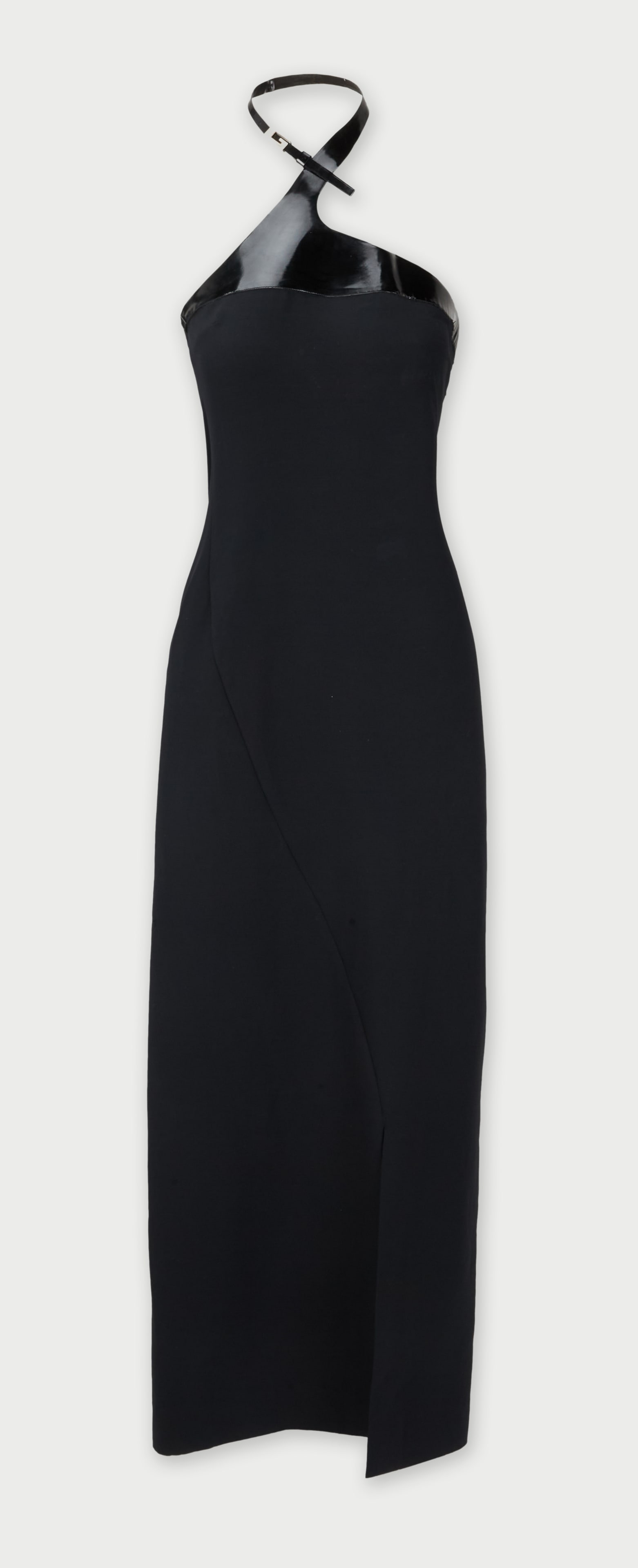 Gucci | 1997 Fall Tom Ford Column Gown with Patent Buckle Style Halter: Gucci by Tom Ford, halter evening gown from the Fall/Winter 1997 runway, featuring a patent-leather halter neck with a “G” buckle. As worn on the runway by Carolyn Murphy, featured in the