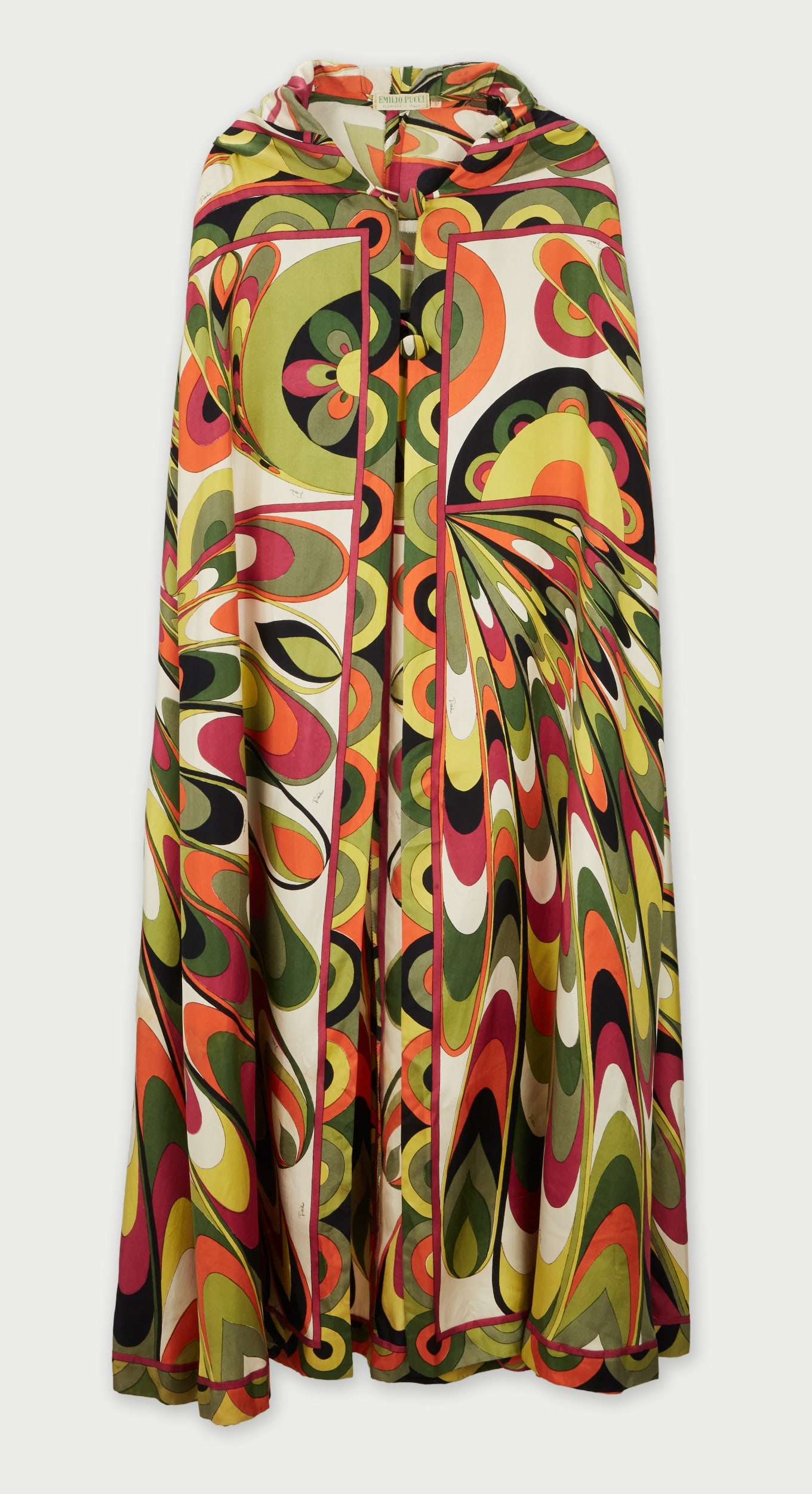 Emilio Pucci | 1965 Resort Patterned Cape : This is a vibrant Emilio Pucci silk patterned hooded cape from the 1965 resort collection.The cape is a Renaissance/Medieval style with a pointed hood, sloped shoulders, two fabric button placket.